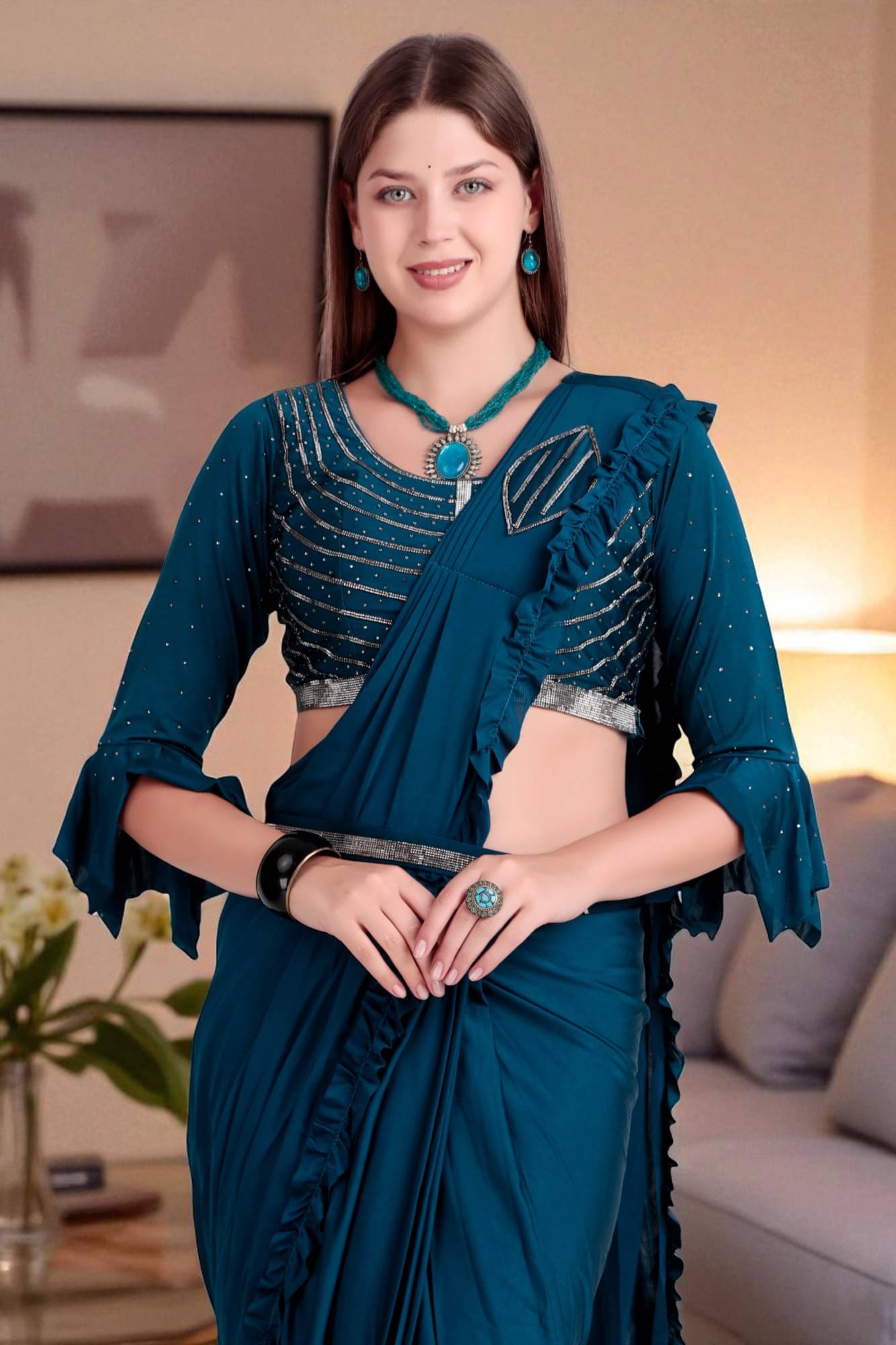 wanquila Lycra Solid Regular Saree With Stitched Blouse ( Teal ) wanquila Lycra Solid Regular Saree With Stitched Blouse ( Teal )