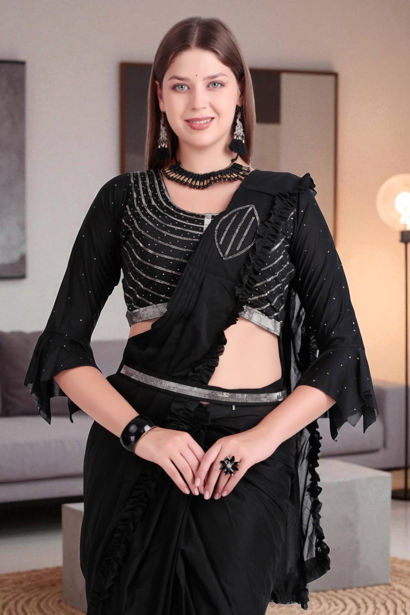     			wanquila Lycra Solid Regular Saree With Stitched Blouse ( Black )