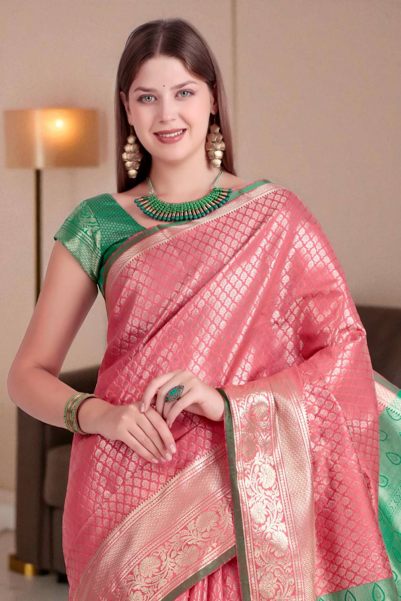 wanquila Silk Printed Banarasi saree With Unstitched Blouse Piece ( Peach )     			wanquila Silk Printed Banarasi saree With Unstitched Blouse Piece ( Peach )