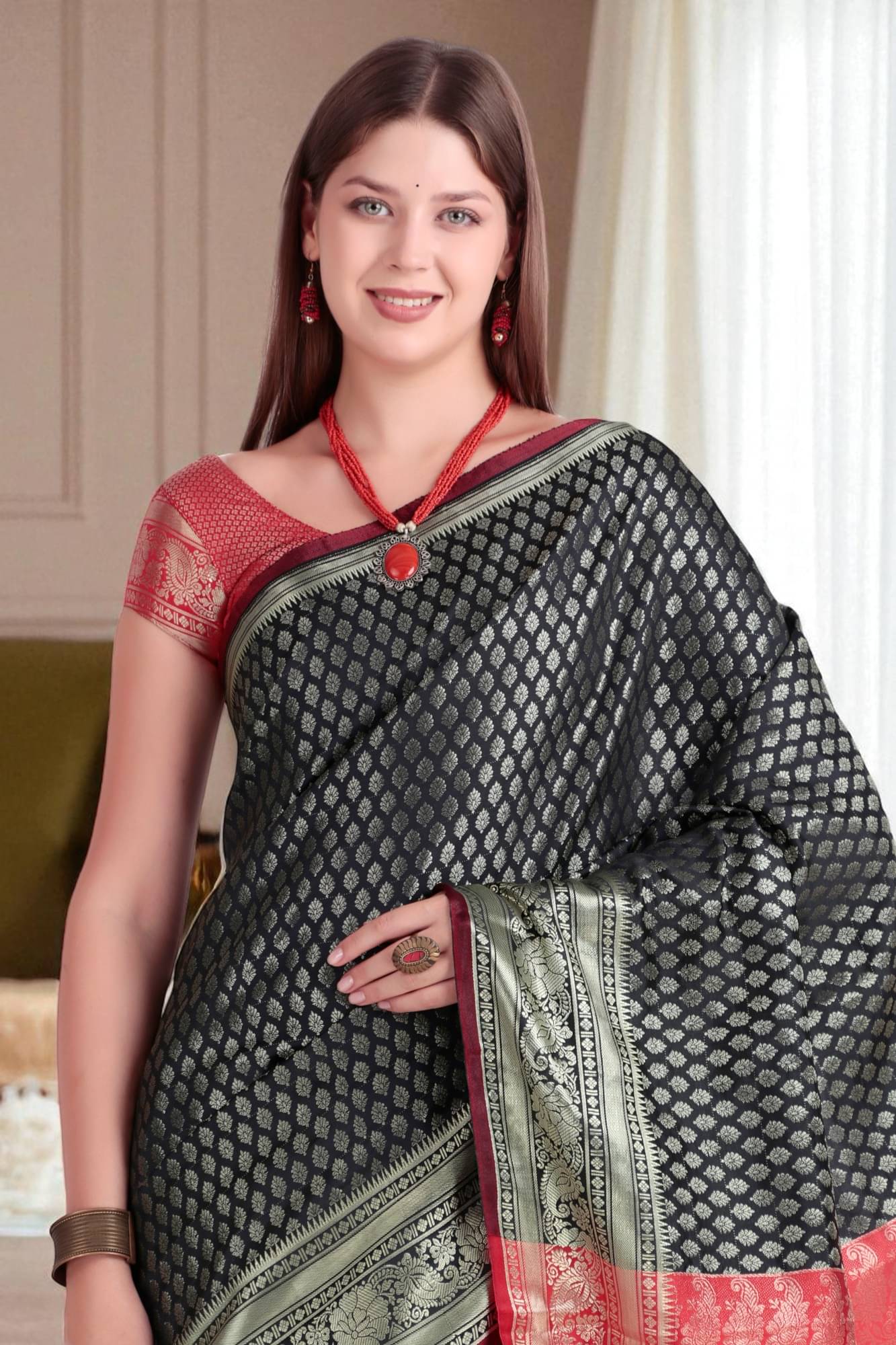 wanquila Silk Printed Banarasi saree With Unstitched Blouse Piece ( Black ) wanquila Silk Printed Banarasi saree With Unstitched Blouse Piece ( Black )
