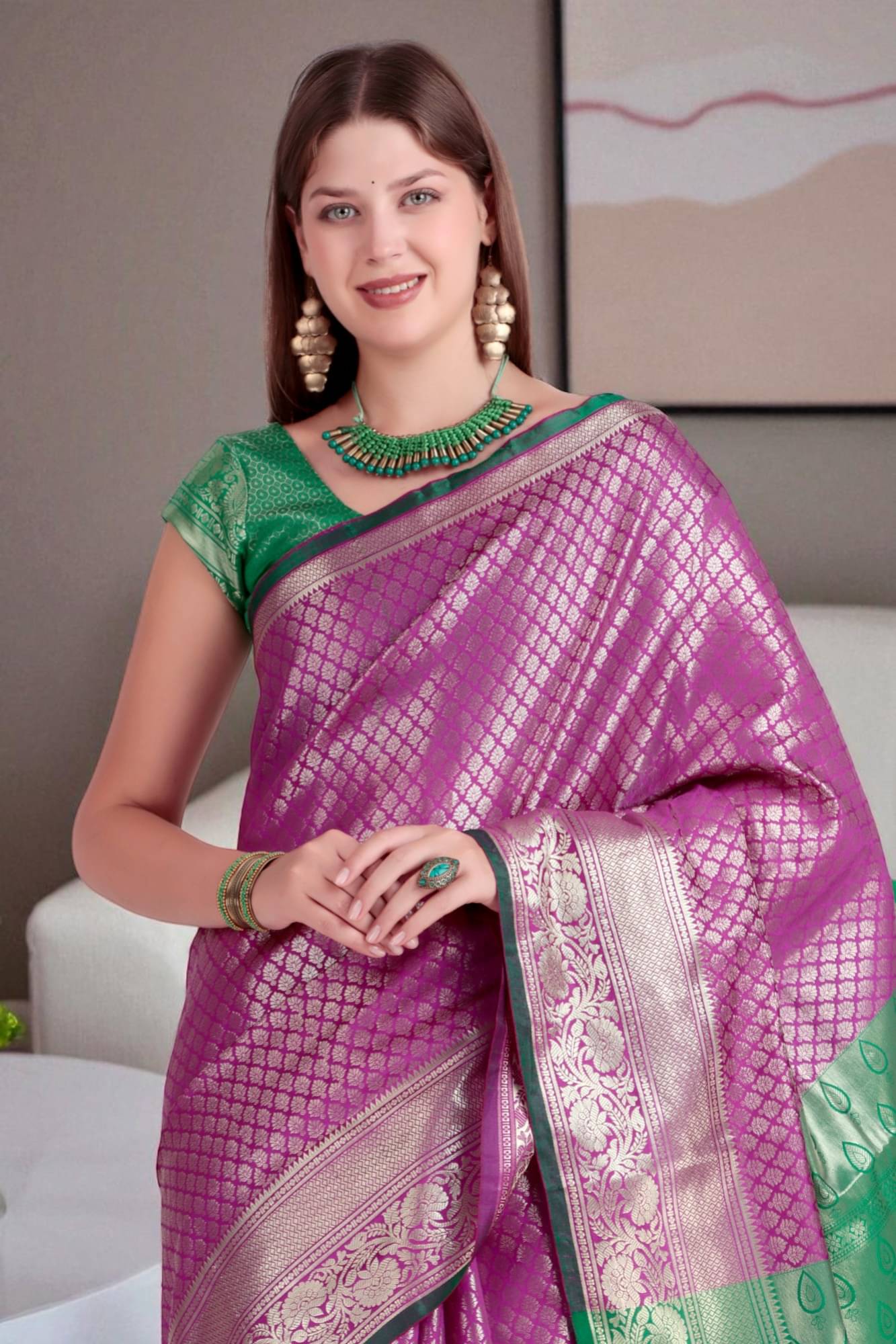     			wanquila Silk Printed Banarasi saree With Unstitched Blouse Piece ( Purple )