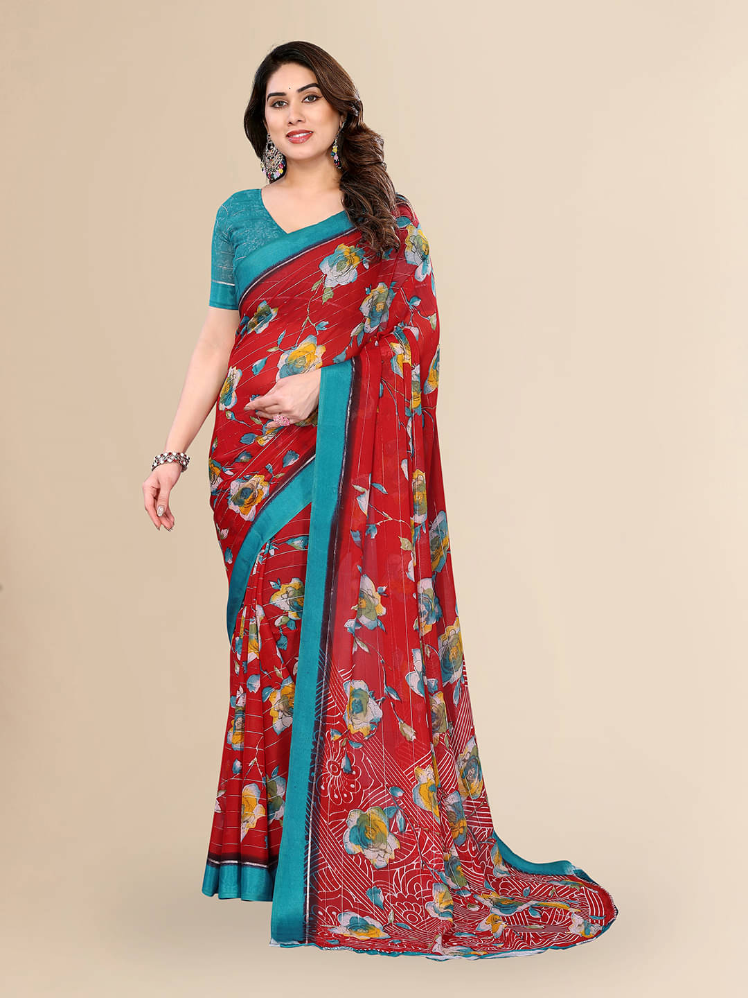 ANAND SAREES Georgette Printed Ilkal Saree With Unstitched Blouse Piece ( Red ) ANAND SAREES Georgette Printed Ilkal Saree With Unstitched Blouse Piece ( Red )