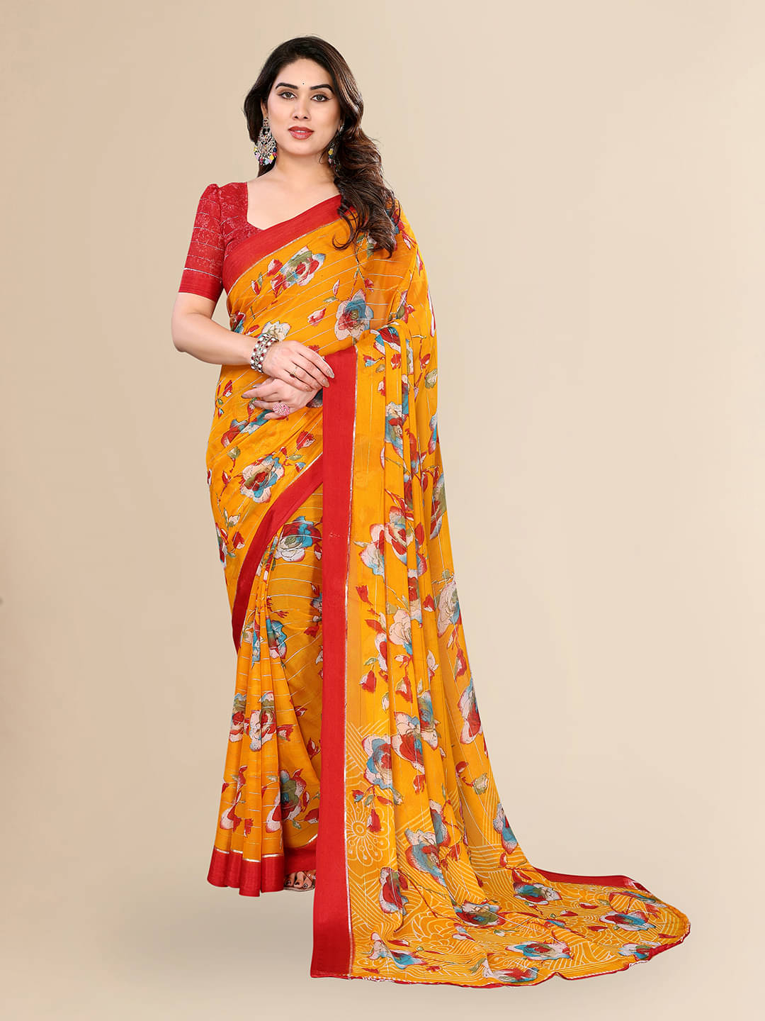 ANAND SAREES Georgette Printed Ilkal Saree With Unstitched Blouse Piece ( Yellow ) ANAND SAREES Georgette Printed Ilkal Saree With Unstitched Blouse Piece ( Yellow )