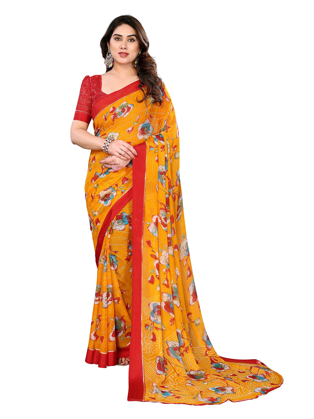     			ANAND SAREES Georgette Printed Ilkal Saree With Unstitched Blouse Piece ( Yellow )