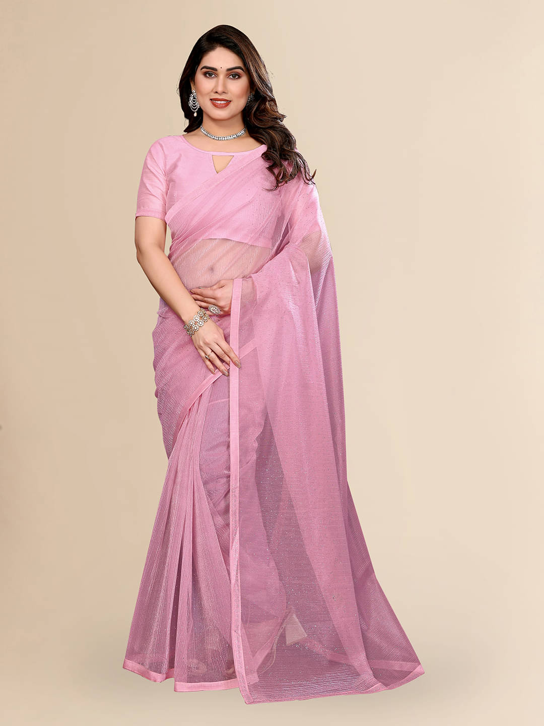     			ANAND SAREES Net Solid Ilkal Saree With Unstitched Blouse Piece ( Rose Gold )