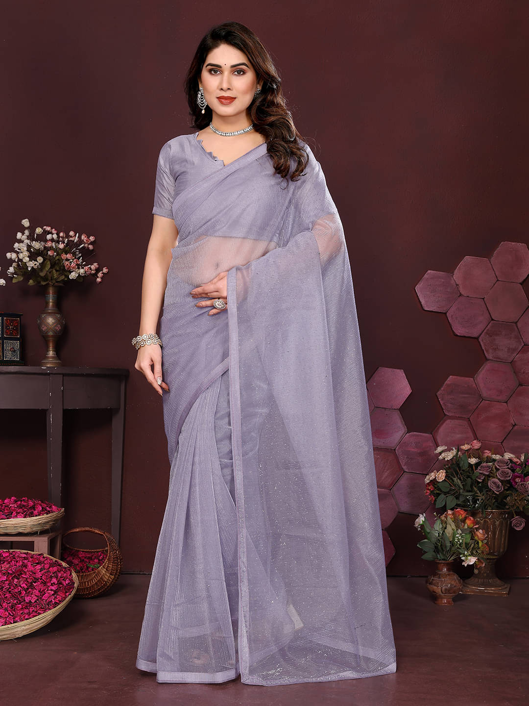 ANAND SAREES Net Solid Ilkal Saree With Unstitched Blouse Piece ( Grey ) ANAND SAREES Net Solid Ilkal Saree With Unstitched Blouse Piece ( Grey )