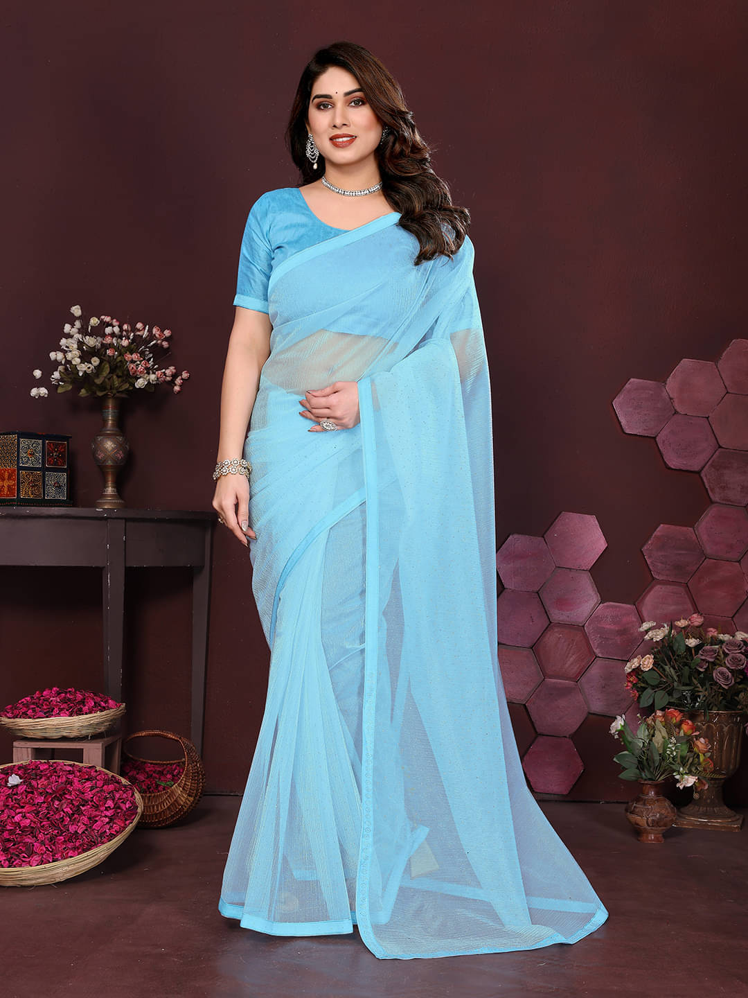     			ANAND SAREES Net Solid Ilkal Saree With Unstitched Blouse Piece ( Sky Blue )