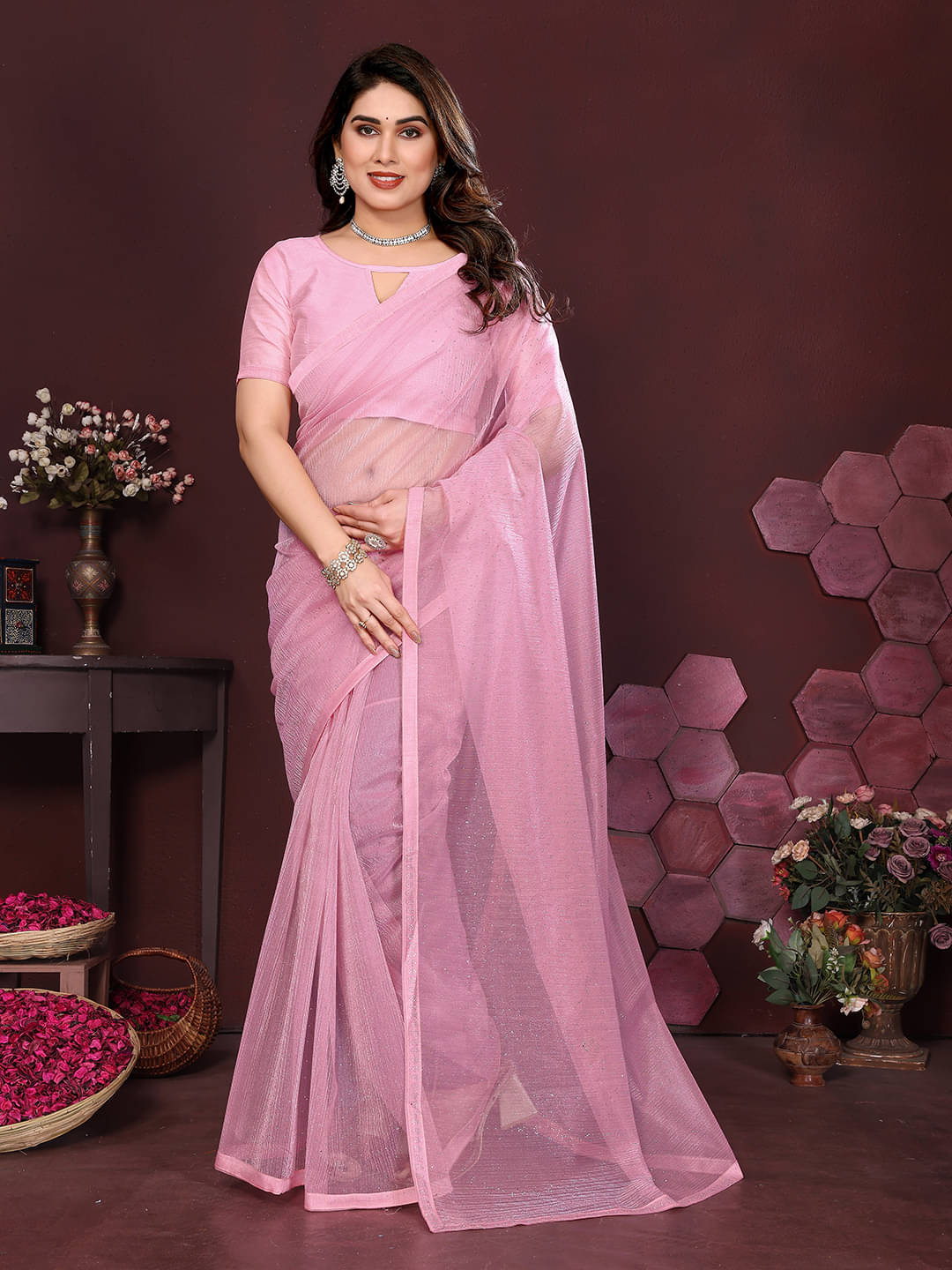     			ANAND SAREES Net Solid Ilkal Saree With Unstitched Blouse Piece ( Rose Gold )