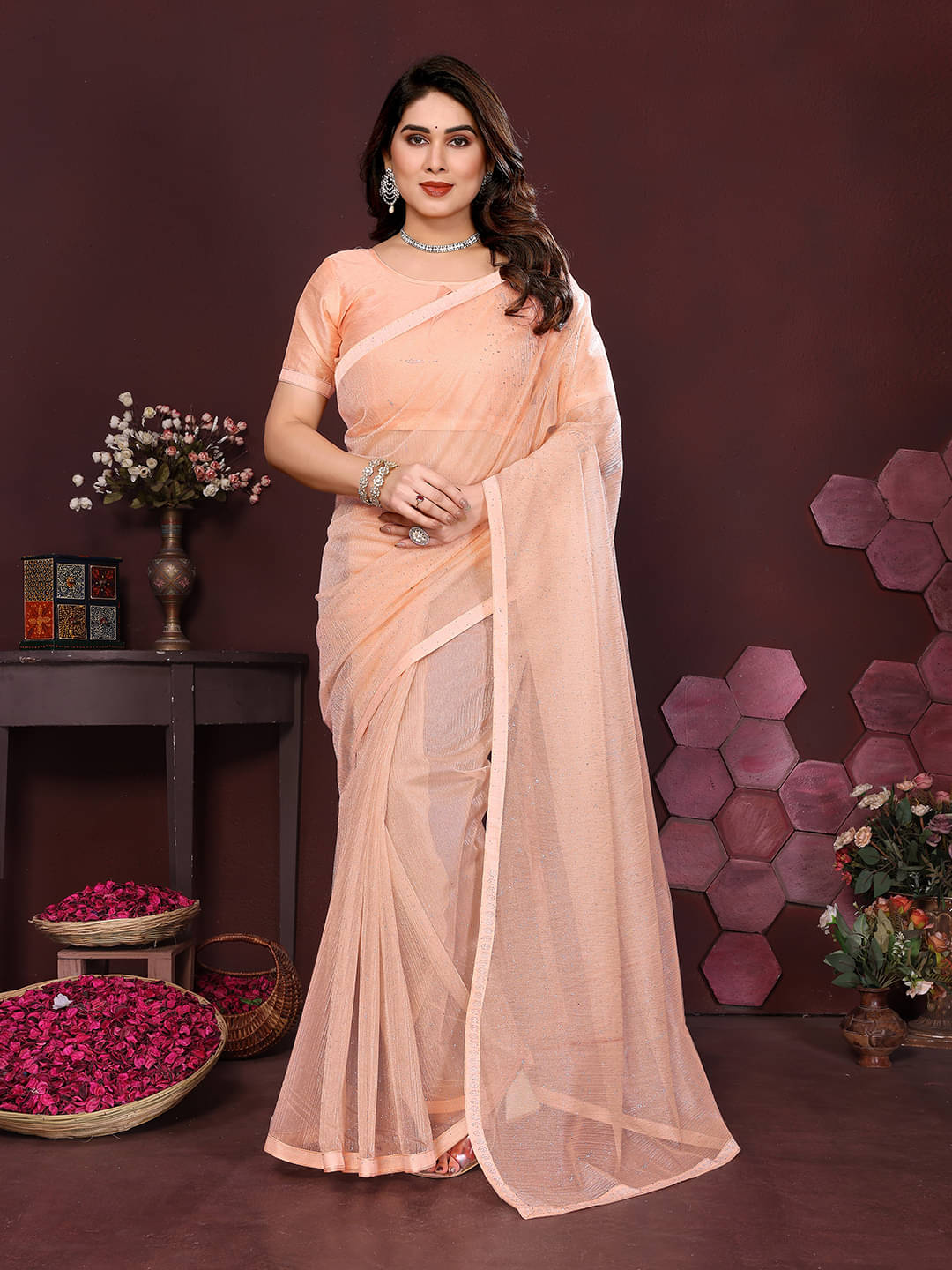 ANAND SAREES Net Solid Ilkal Saree With Unstitched Blouse Piece ( Orange ) ANAND SAREES Net Solid Ilkal Saree With Unstitched Blouse Piece ( Orange )