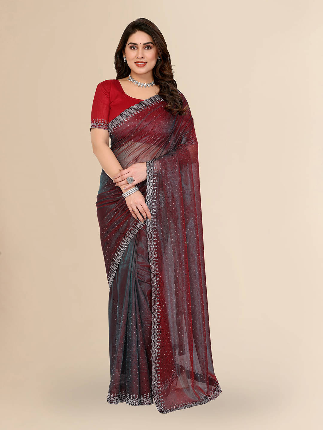     			ANAND SAREES Net Solid Ilkal Saree With Unstitched Blouse Piece ( Red )