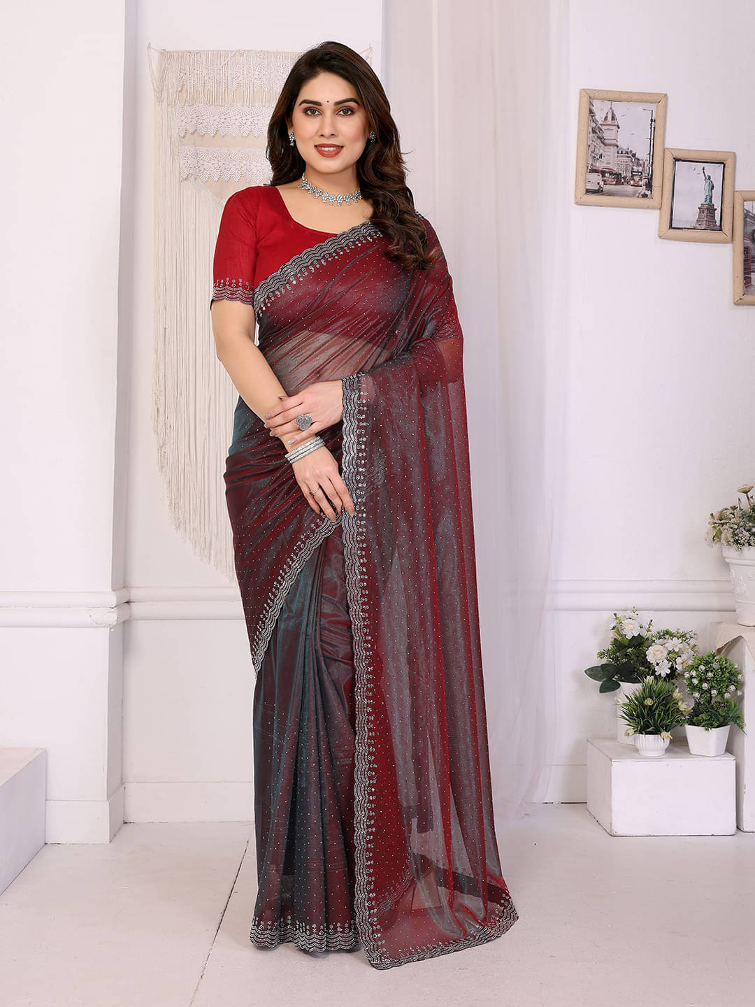     			ANAND SAREES Net Solid Ilkal Saree With Unstitched Blouse Piece ( Red )