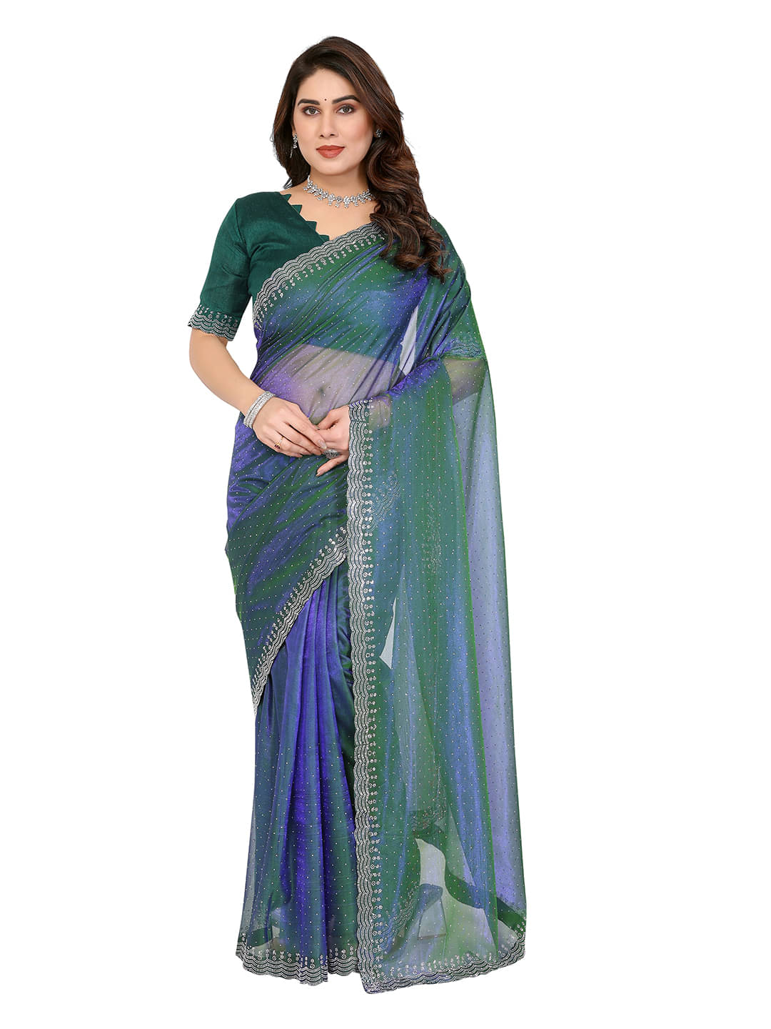     			ANAND SAREES Net Solid Ilkal Saree With Unstitched Blouse Piece ( Green )