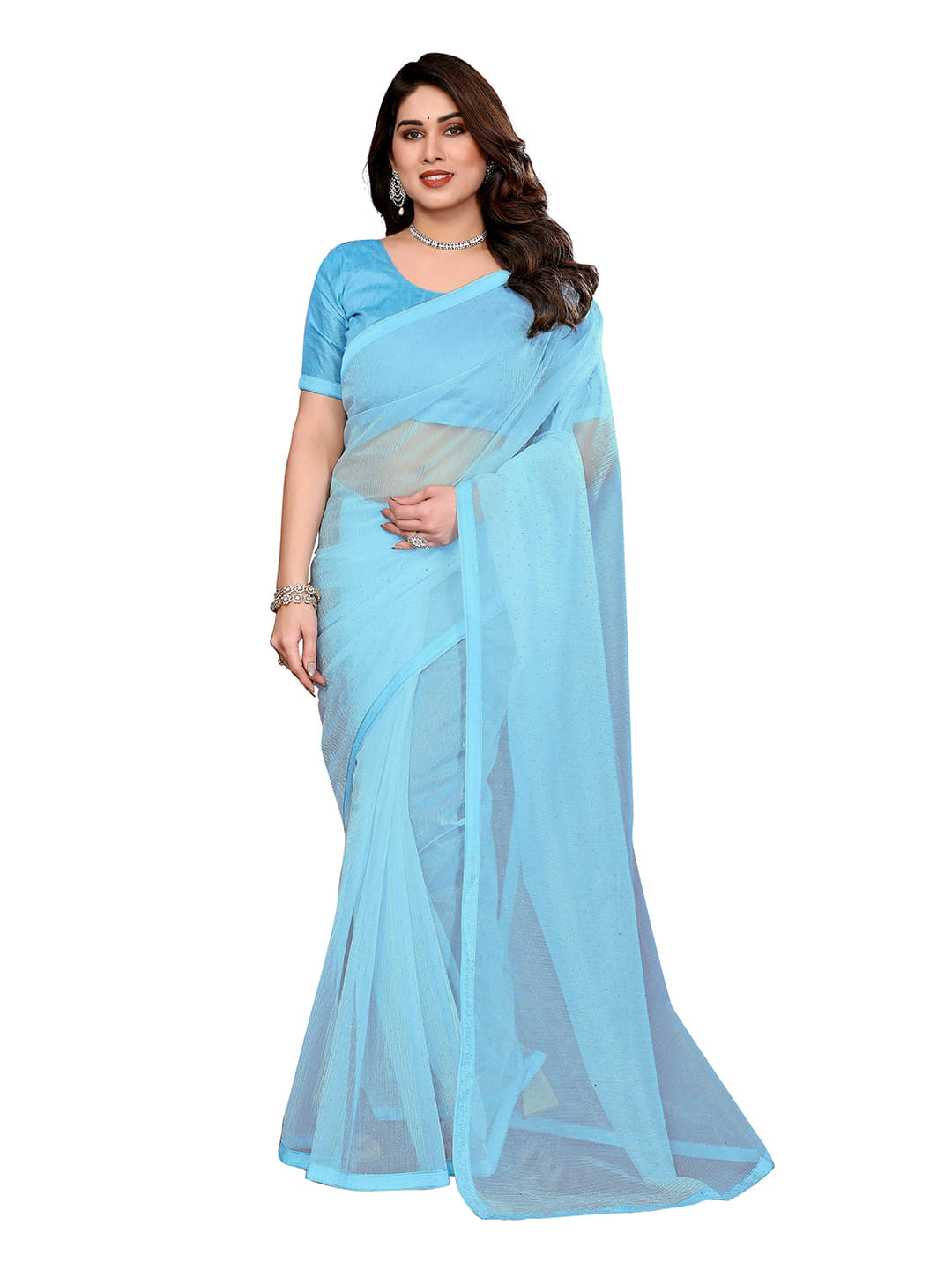     			ANAND SAREES Net Solid Ilkal Saree With Unstitched Blouse Piece ( Sky Blue )