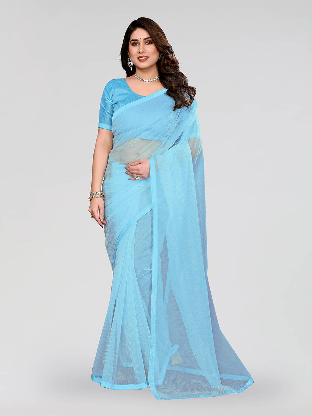 ANAND SAREES Net Solid Ilkal Saree With Unstitched Blouse Piece ( Sky Blue ) ANAND SAREES Net Solid Ilkal Saree With Unstitched Blouse Piece ( Sky Blue )