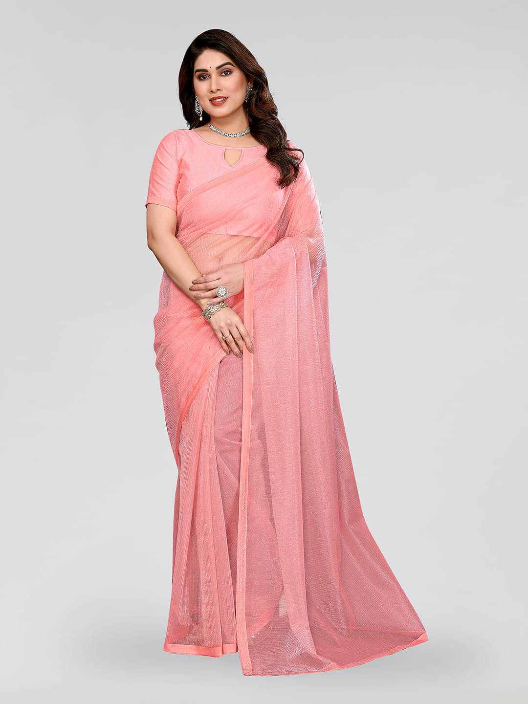     			ANAND SAREES Net Solid Ilkal Saree With Unstitched Blouse Piece ( Peach )