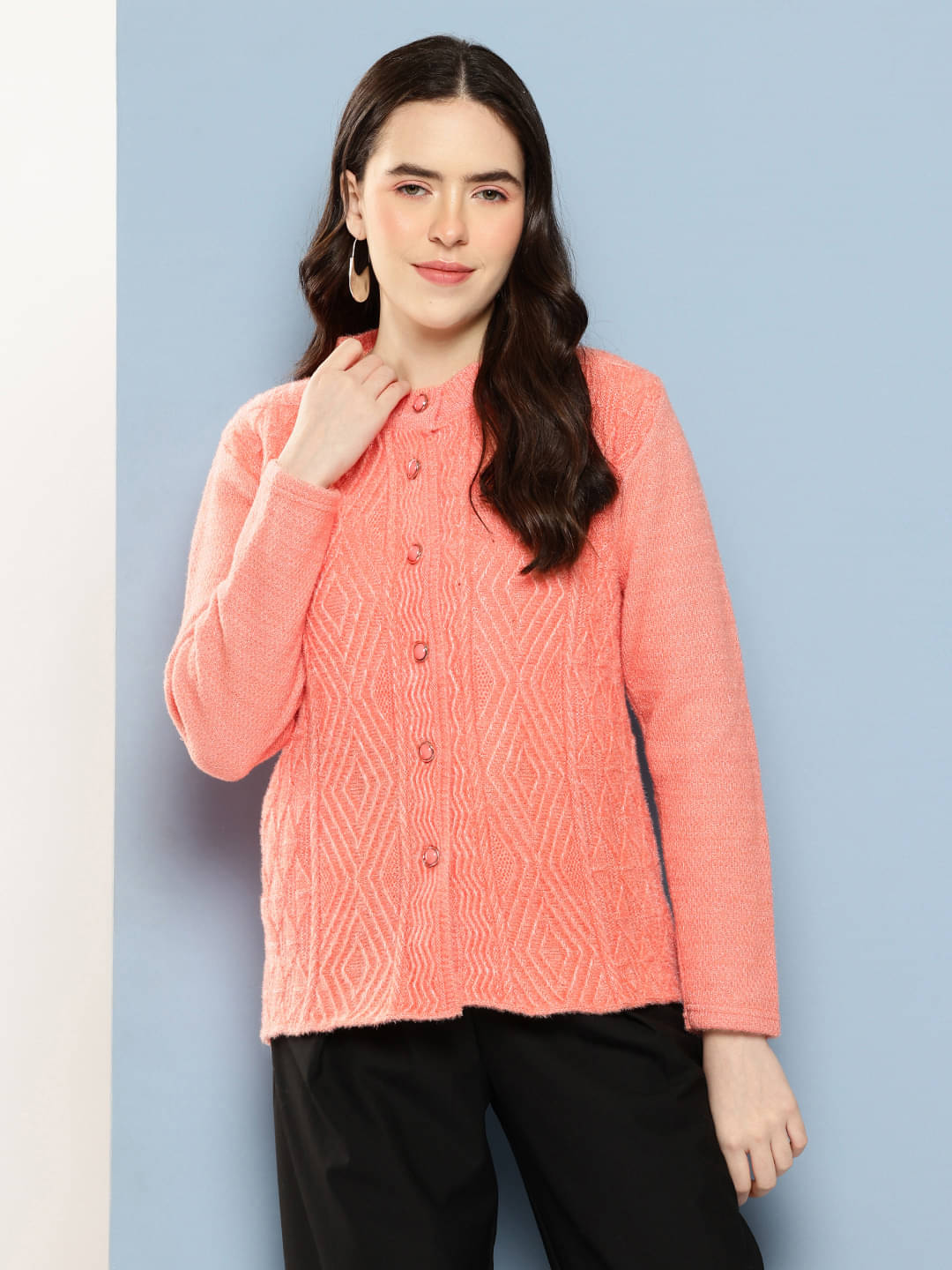 Aarika Woollen Regular Collar Women's Buttoned Cardigans - Peach ( Single ) Aarika Woollen Regular Collar Women's Buttoned Cardigans - Peach ( Single )