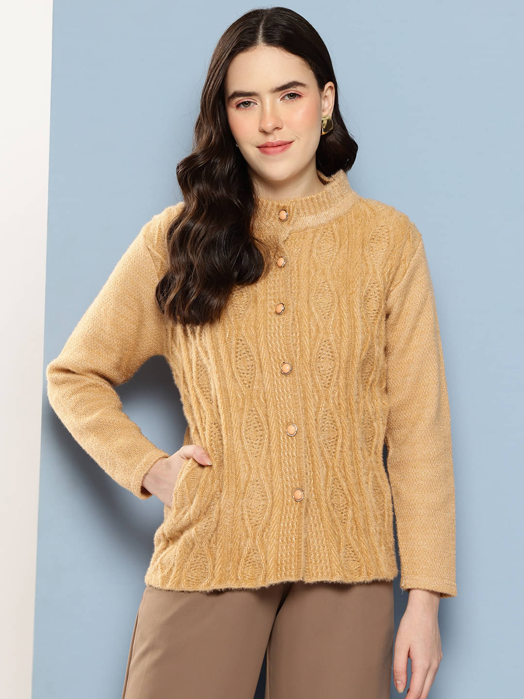 Aarika Woollen Regular Collar Women's Buttoned Cardigans - Beige ( Single ) Aarika Woollen Regular Collar Women's Buttoned Cardigans - Beige ( Single )
