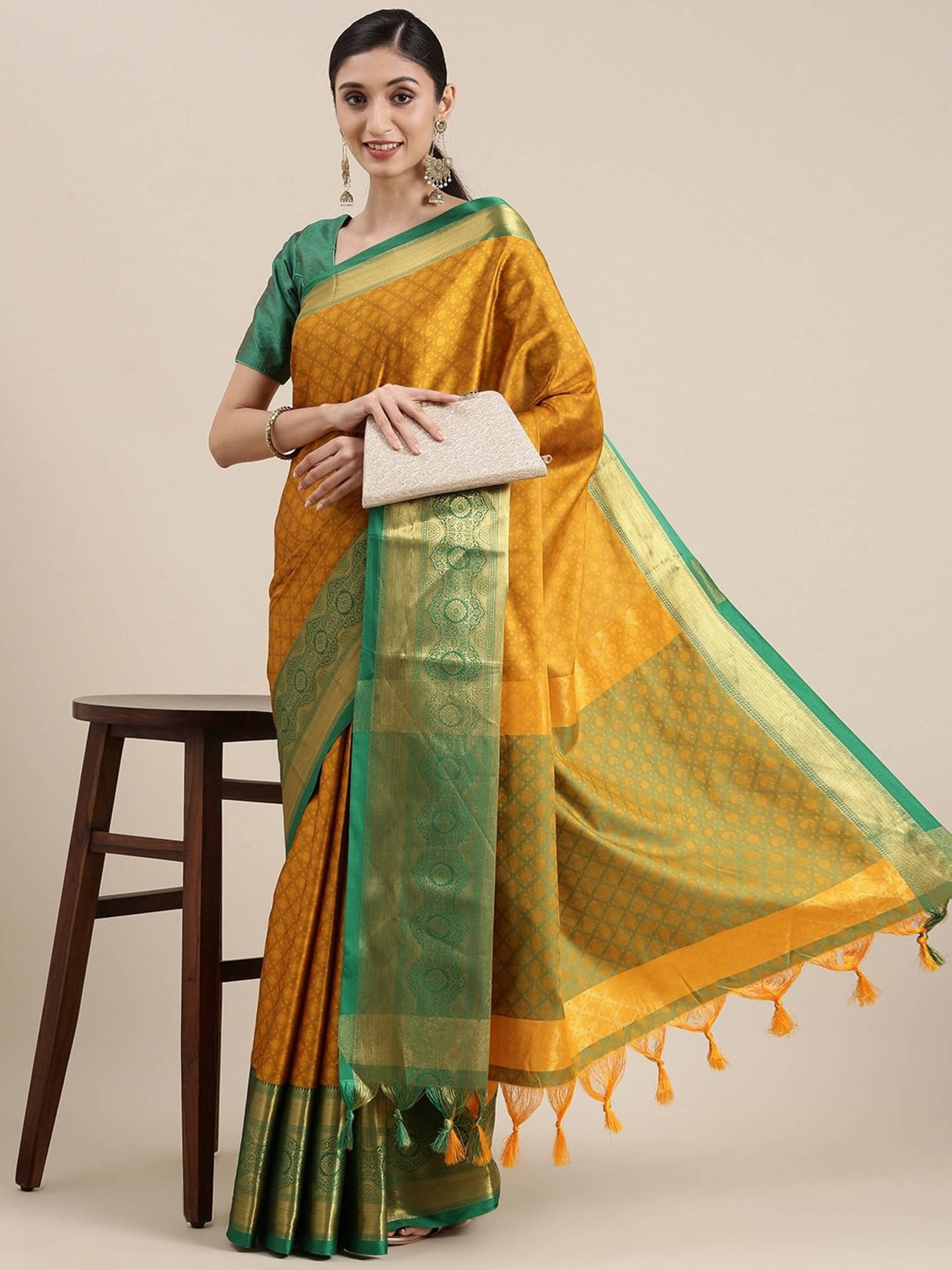    			Clirva Art Silk Applique Banarasi saree With Unstitched Blouse Piece ( Mustard )
