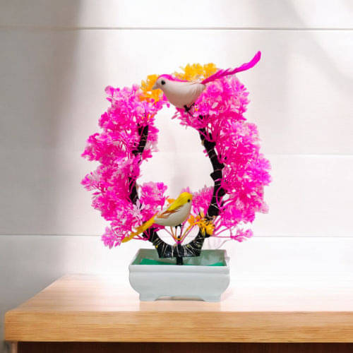 DIYANK Mulitcolor LED-lit artificial plant with pink & yellow flowers and 2 cutes sparrow decor Bonsai Wild Artificial Plant with Pot DIYANK Mulitcolor LED-lit artificial plant with pink & yellow flowers and 2 cutes sparrow decor Bonsai Wild Artificial Plant with Pot