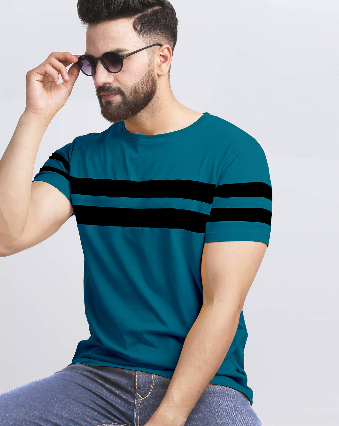 ENITOR Men Cotton Blend Regular Fit Striped T-Shirt ( Teal )