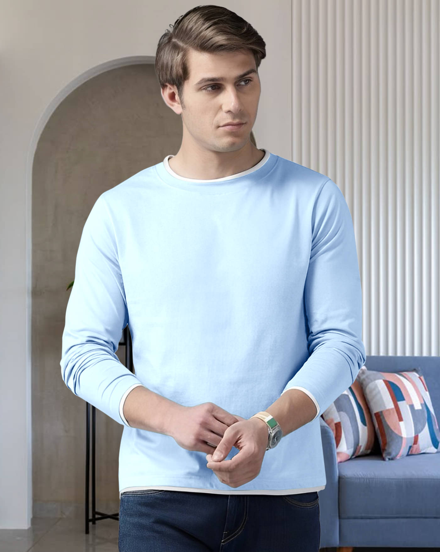 ENITOR Men Cotton Blend Regular Fit Solid T-Shirt ( Sky Blue )     			ENITOR Men Cotton Blend Regular Fit Solid T-Shirt ( Sky Blue )