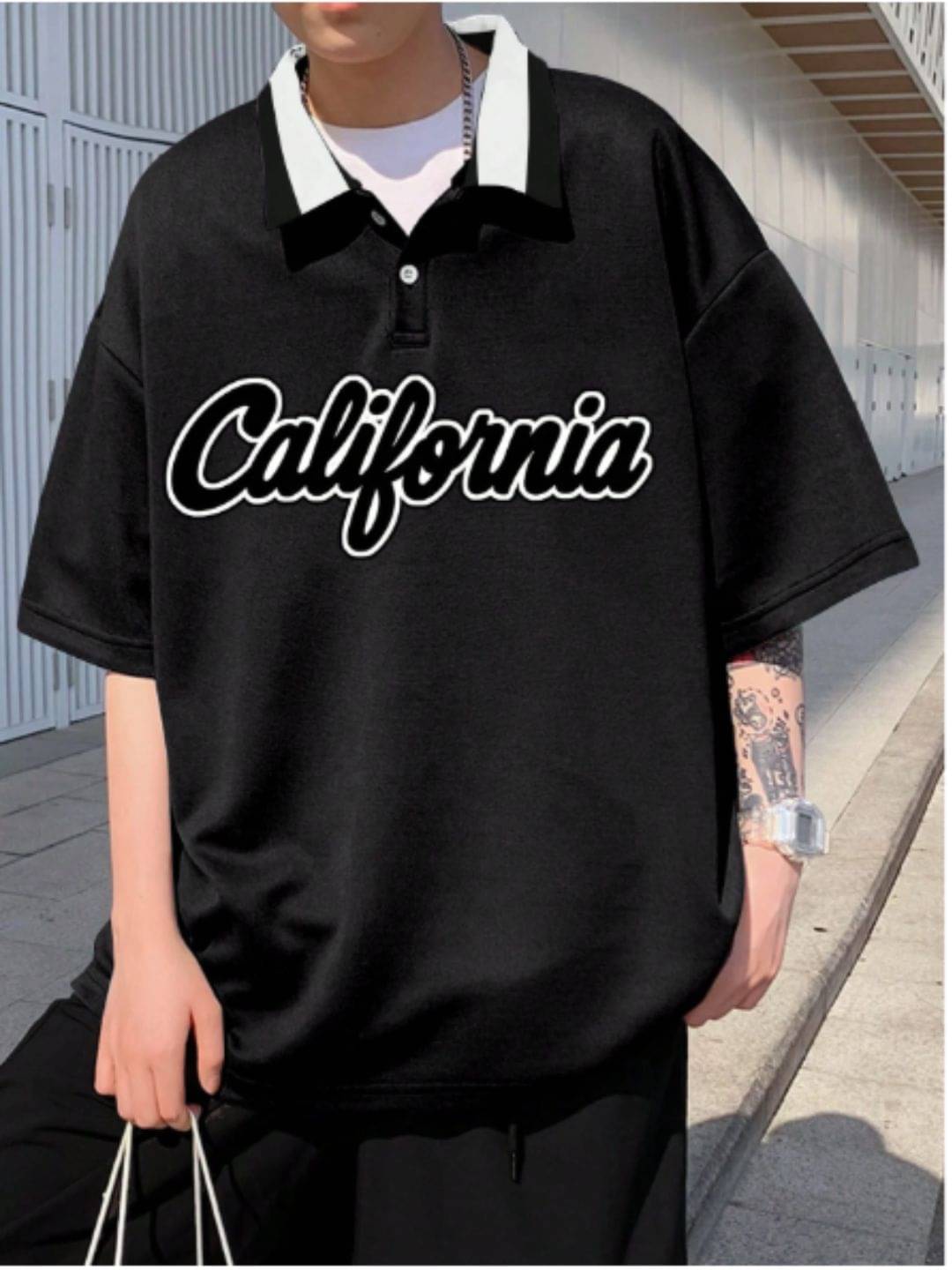 FALAK Men Cotton Blend Oversized Fit Printed Polo T Shirt ( Black )     			FALAK Men Cotton Blend Oversized Fit Printed Polo T Shirt ( Black )