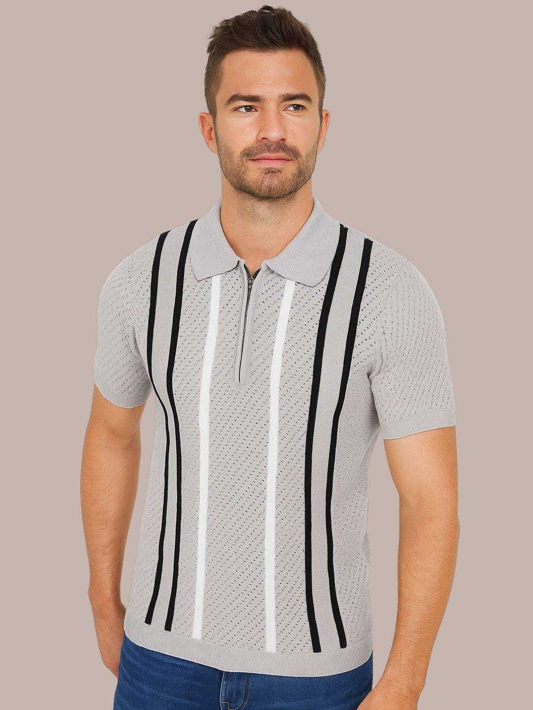     			FEVERFEW Men Cotton Blend Regular Fit Striped Polo T Shirt ( Grey )