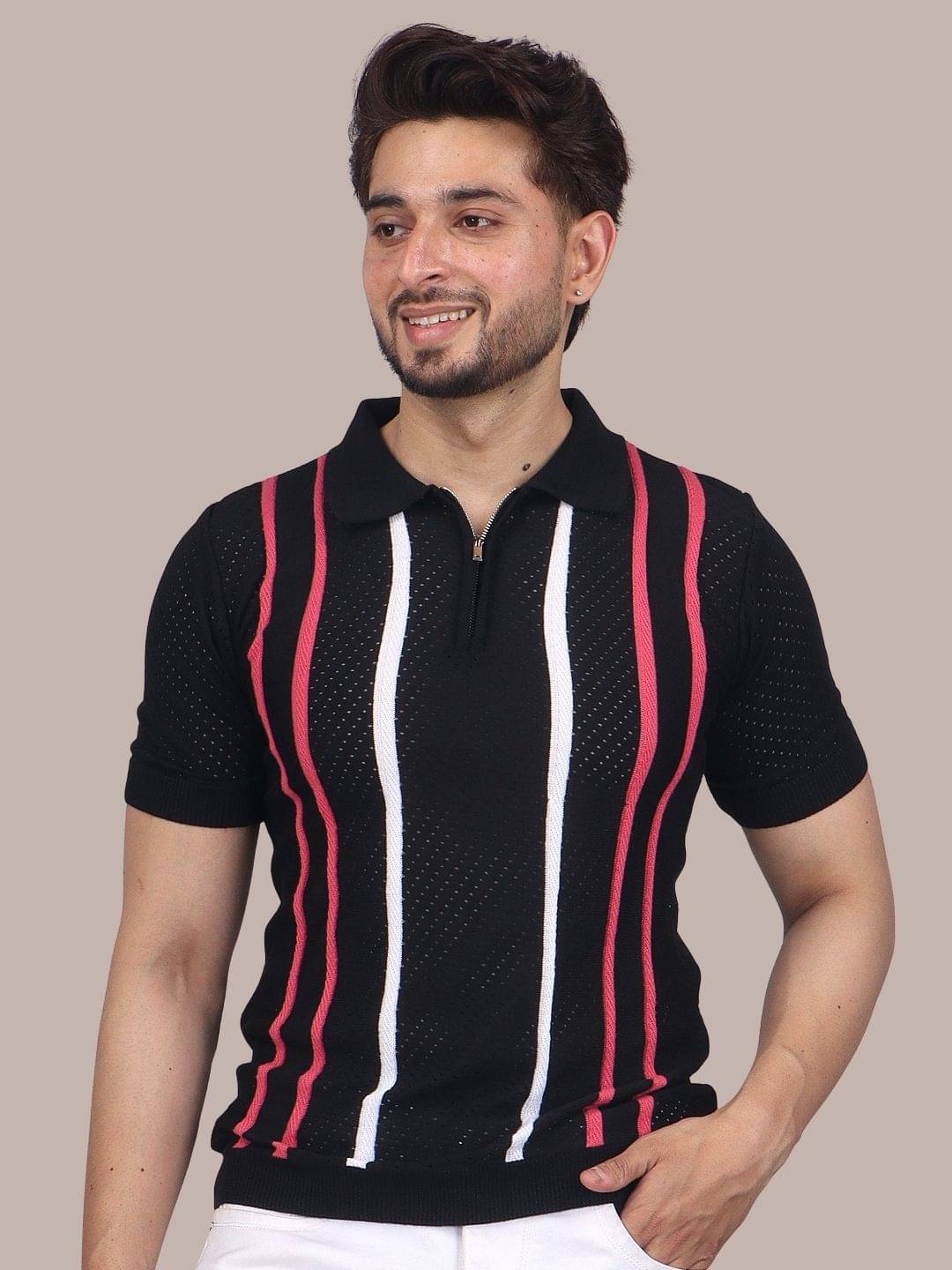     			FEVERFEW Men Cotton Blend Regular Fit Striped Polo T Shirt ( Black )