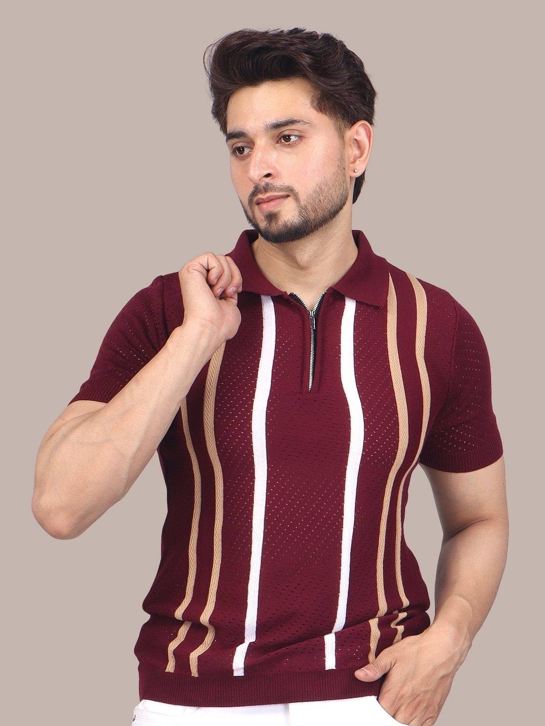 FEVERFEW Men Cotton Blend Regular Fit Striped Polo T Shirt ( Maroon ) FEVERFEW Men Cotton Blend Regular Fit Striped Polo T Shirt ( Maroon )