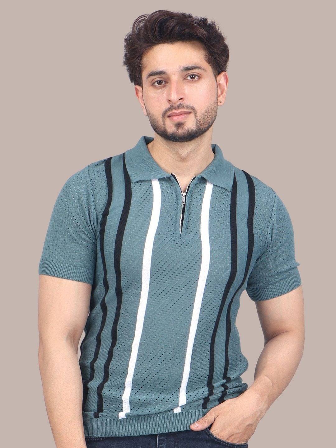     			FEVERFEW Men Cotton Blend Regular Fit Striped Polo T Shirt ( Beige )