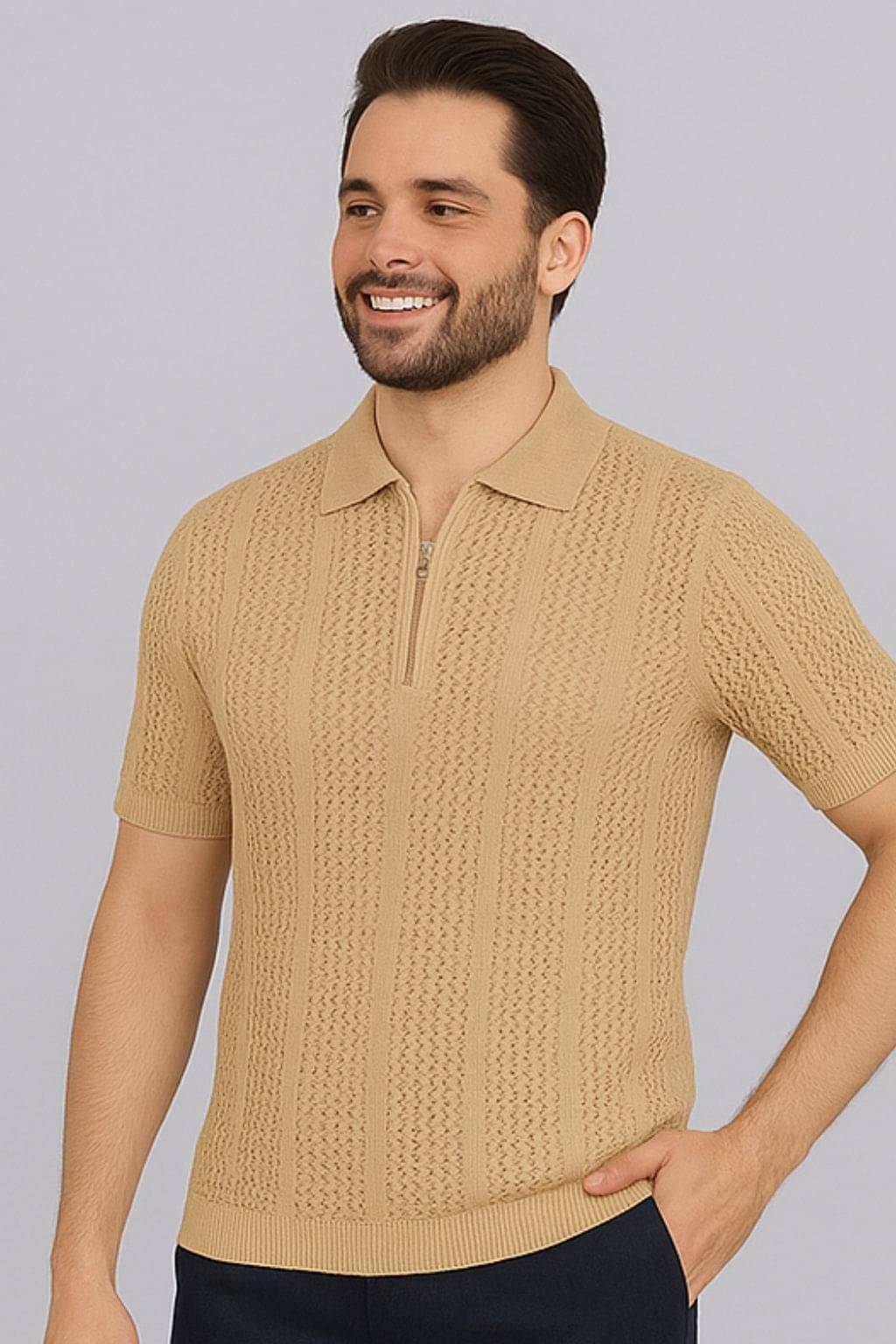     			FEVERFEW Men Cotton Blend Regular Fit Self Design T-Shirt ( Beige )