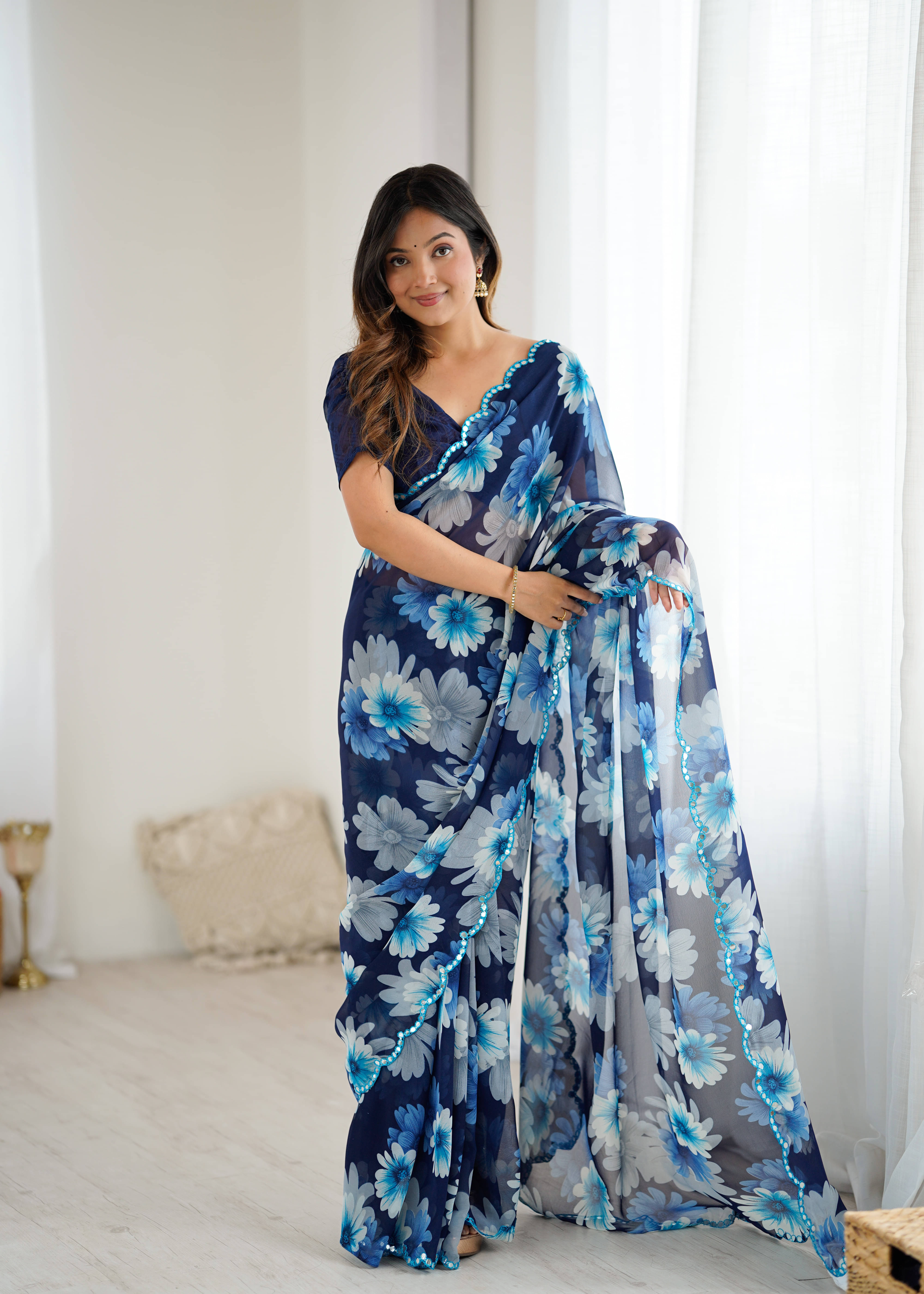     			Fashionfricks Georgette Self Design Regular Saree With Unstitched Blouse Piece ( Blue )