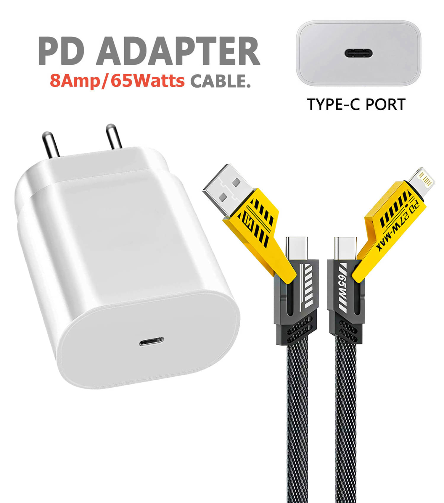 Fast Charging 25W PD adapter with 4_in_1 8amp Cable compatible with Ios & Android devices. Fast Charging 25W PD adapter with 4_in_1 8amp Cable compatible with Ios & Android devices.