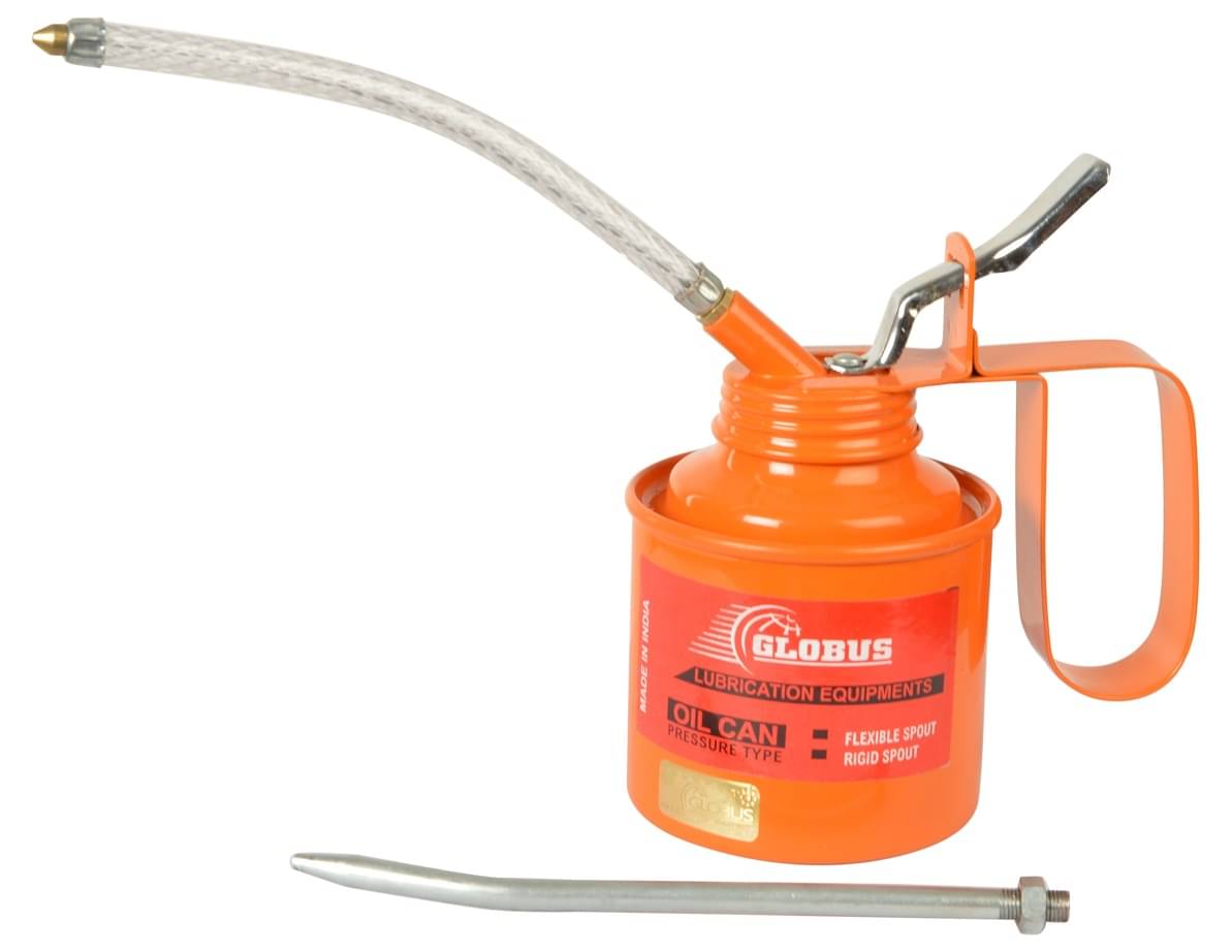 GLOBUS STEEL OIL CAN 1 PINT BLUE/ ORANGE COLOUR WITH FIX AND FLEXIBLE SPOUT. GLOBUS STEEL OIL CAN 1 PINT BLUE/ ORANGE COLOUR WITH FIX AND FLEXIBLE SPOUT.