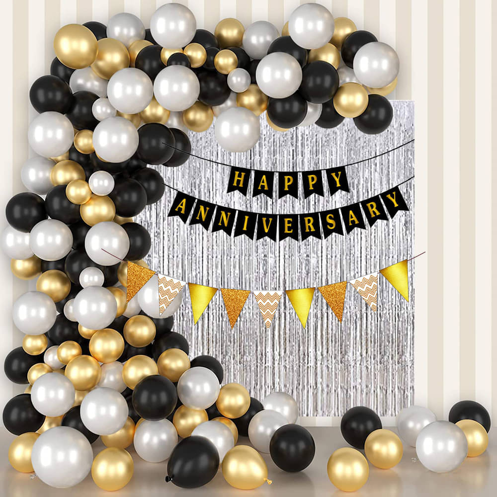     			Happy Anniversary Banner ( Black ) + 1 Pc Bunting Flag ( Golden ) + 2 Pc Fringe ( Silver ) + 30 Pc Balloon ( Black, White,Gold ) + 1 Pc Ribbon