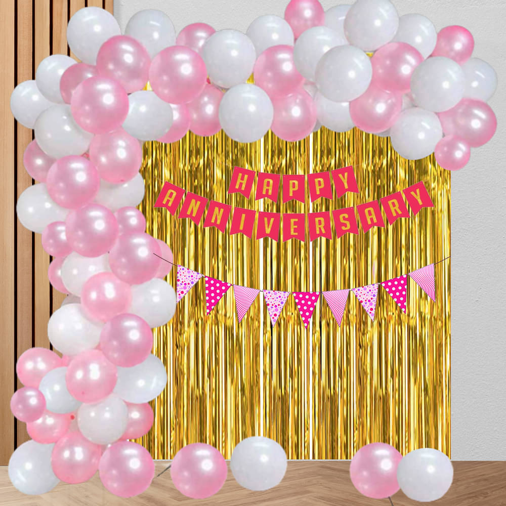     			Happy Anniversary Banner ( Red ) + 1 Pc Bunting Flag ( Pink ) + 2 Pc Fringe ( Golden) + 30 Pc Balloon ( Pink , White ) + 1 Pc Ribbon