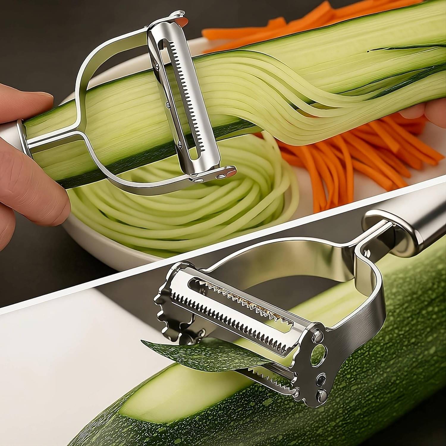 KRAMOX Stainless Steel 2 in 1 Julienne Vegetable Peeler Multi-Functional Fruit Vegetable Shredder Slicer Double Planing Cutter Potato Cucumber Carrot Melon Grater     			KRAMOX Stainless Steel 2 in 1 Julienne Vegetable Peeler Multi-Functional Fruit Vegetable Shredder Slicer Double Planing Cutter Potato Cucumber Carrot Melon Grater