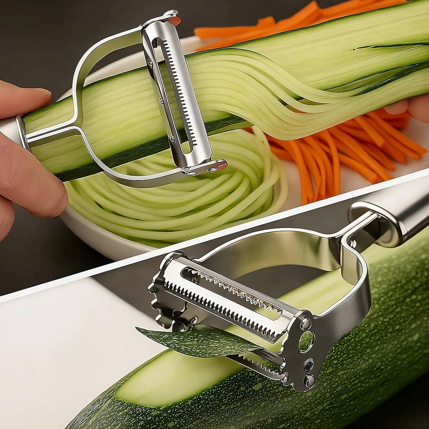KRAMOX -in-1 Julienne & Vegetable Peeler – Stainless Steel Multipurpose Slicer, Fruit & Veggie Cutter, Adjustable Kitchen Tool for Salad, Potato, Noodles – Medium