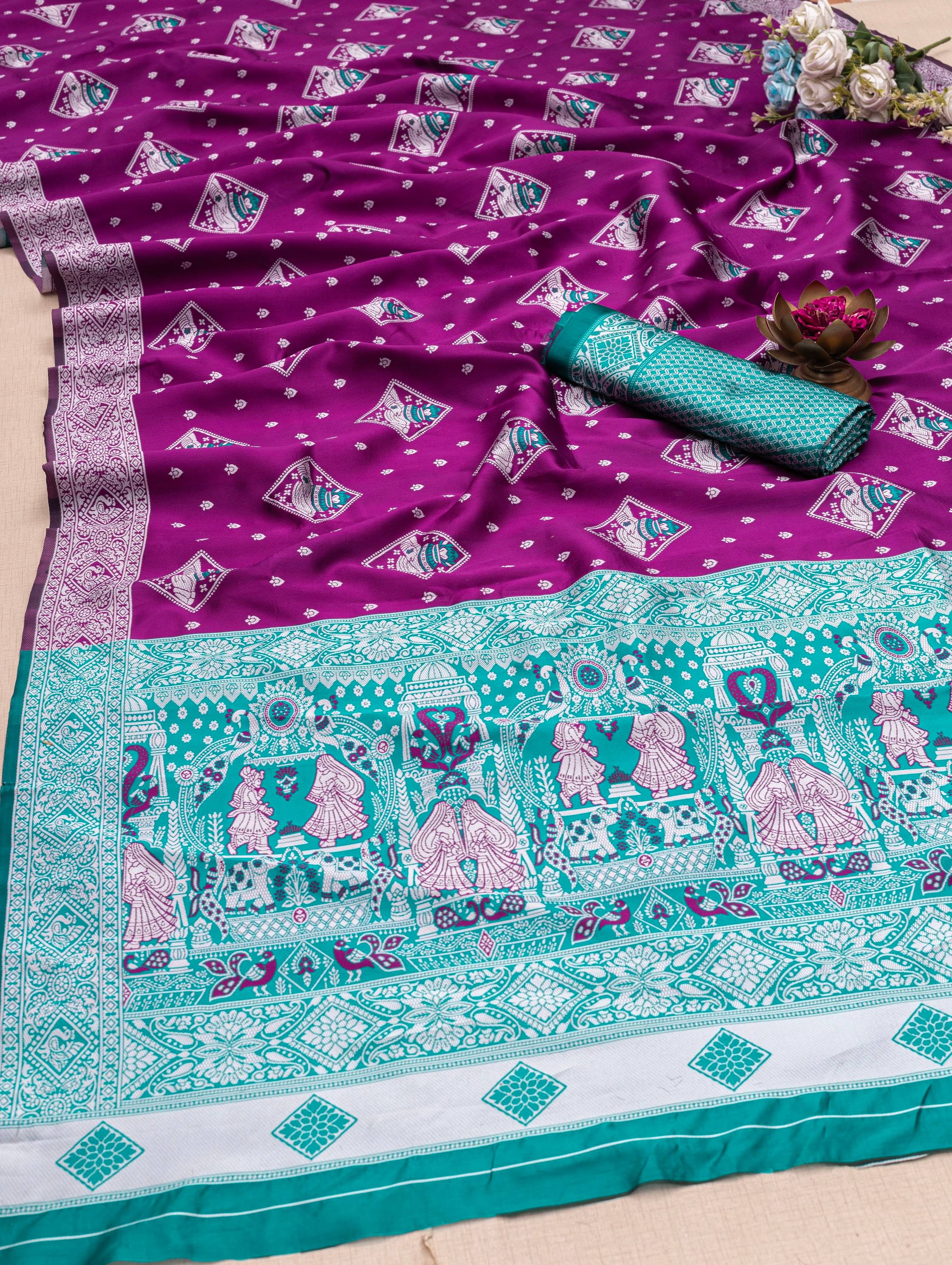     			KRISHU ETHNICS Jacquard Woven Banarasi saree With Unstitched Blouse Piece ( Purple )