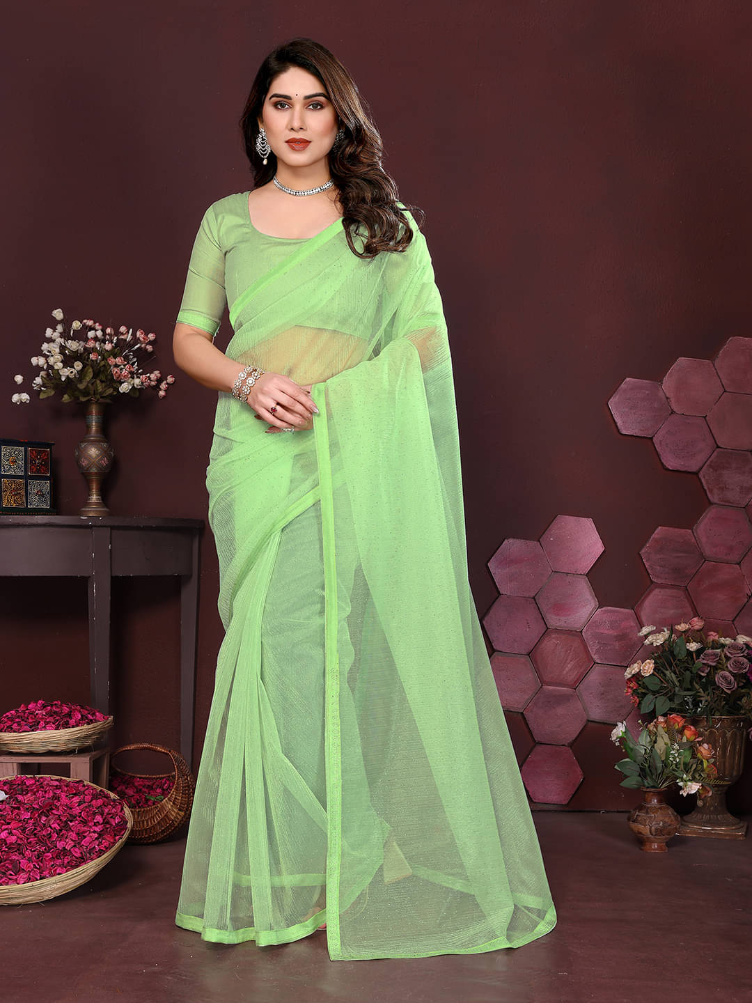 Kashvi Sarees Net Solid Ilkal Saree With Unstitched Blouse Piece ( Light Green ) Kashvi Sarees Net Solid Ilkal Saree With Unstitched Blouse Piece ( Light Green )