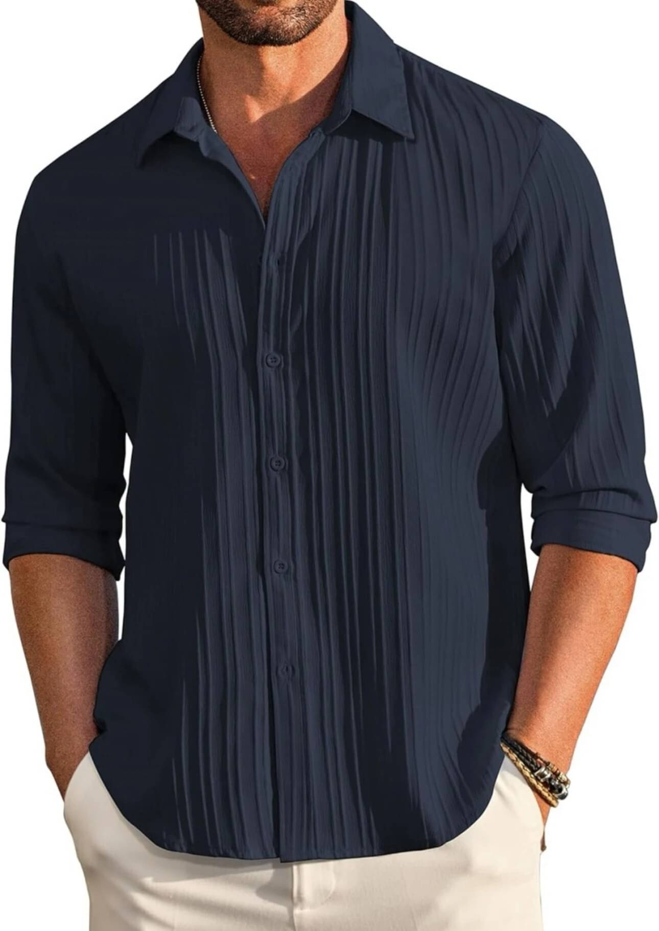     			MENTIFIC Polyester Regular Fit Self Design Full Sleeves Men's Casual Shirt - Navy Blue ( Pack of 1 )