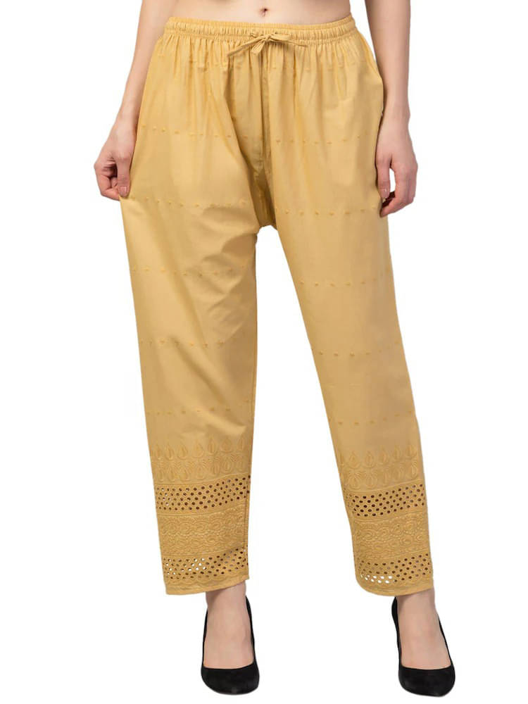     			OMAYA Women Cotton Embroidered Palazzos ( Beige )