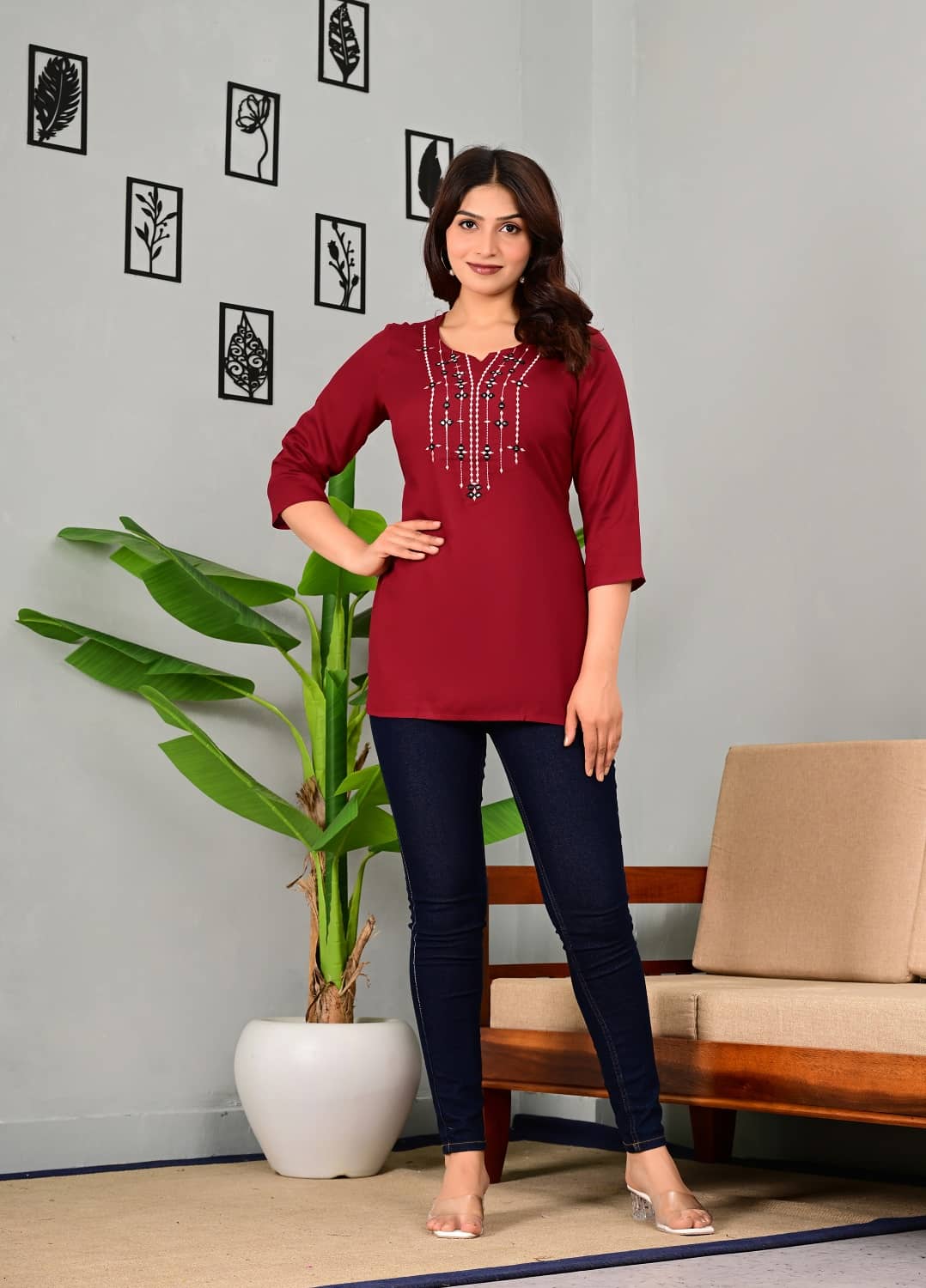 P PRIYA FASHION Women Viscose Rayon Embroidered Shirt Style Kurti ( Maroon ) - Kurtis, Tunics | Buy online on ZillyBuy