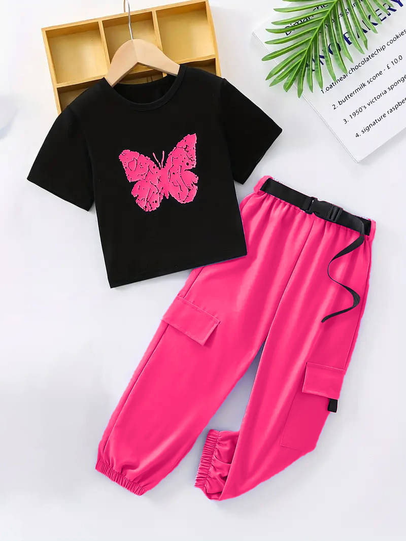 PORPY Pack of 1 Girls Cotton Blend T-shirt & Pants ( Fluorescent Pink ) PORPY Pack of 1 Girls Cotton Blend T-shirt & Pants ( Fluorescent Pink )