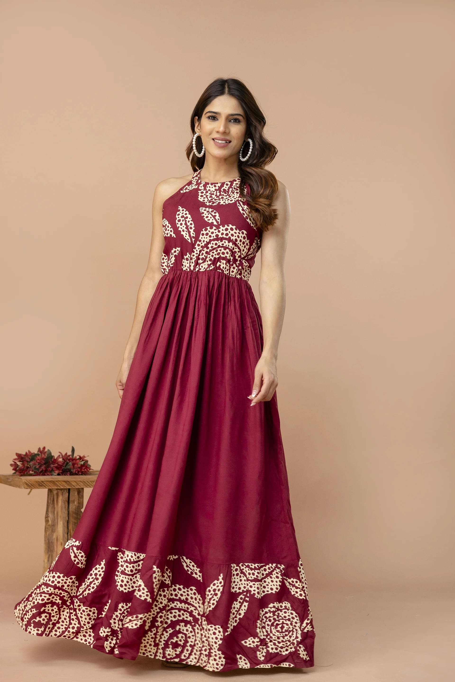 Purshottam Wala Women Viscose Rayon Printed A-line Dress ( Maroon )     			Purshottam Wala Women Viscose Rayon Printed A-line Dress ( Maroon )