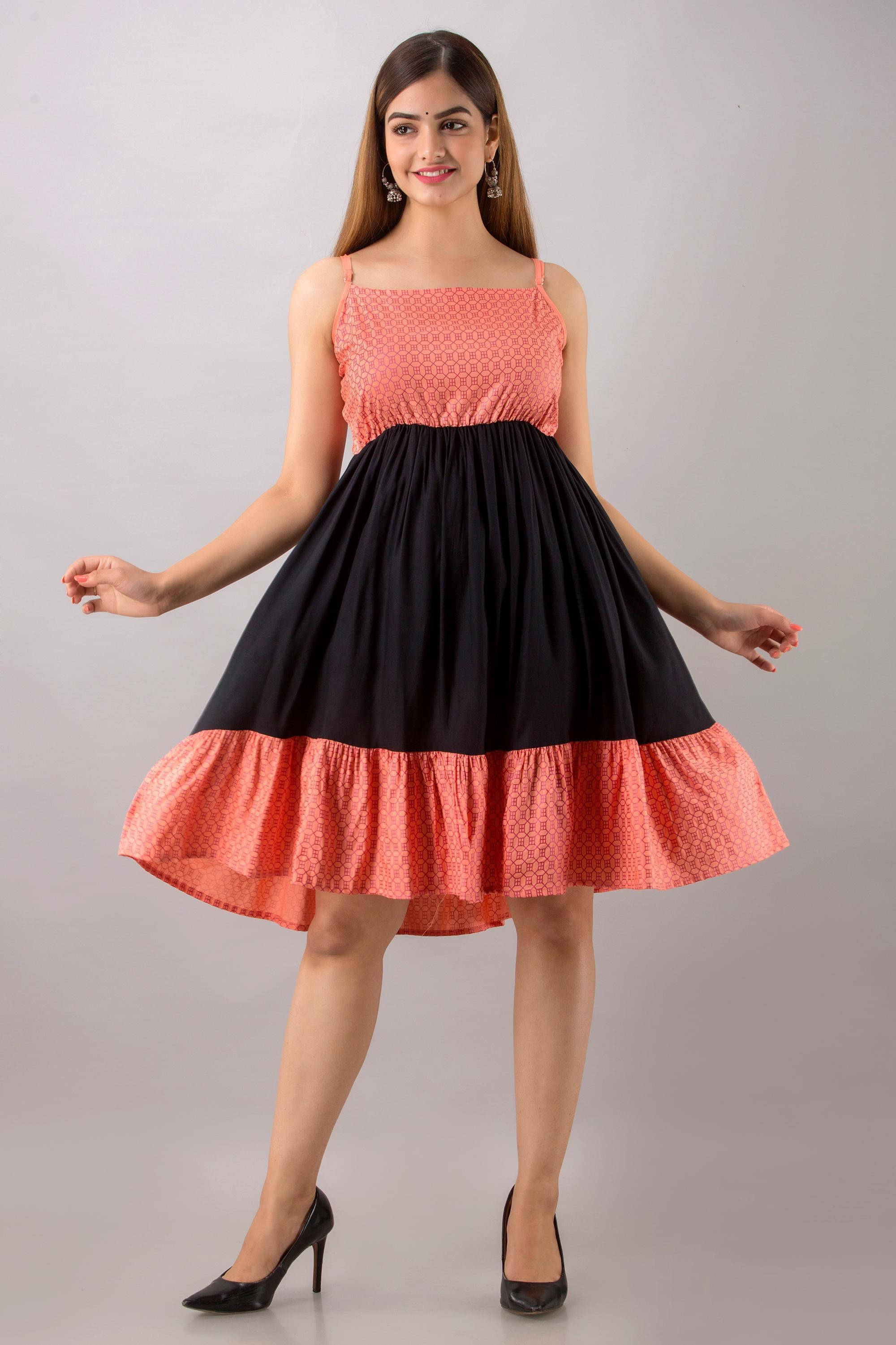     			Purshottam Wala Women Viscose Rayon Colorblock Fit & Flare Dress ( Pink )