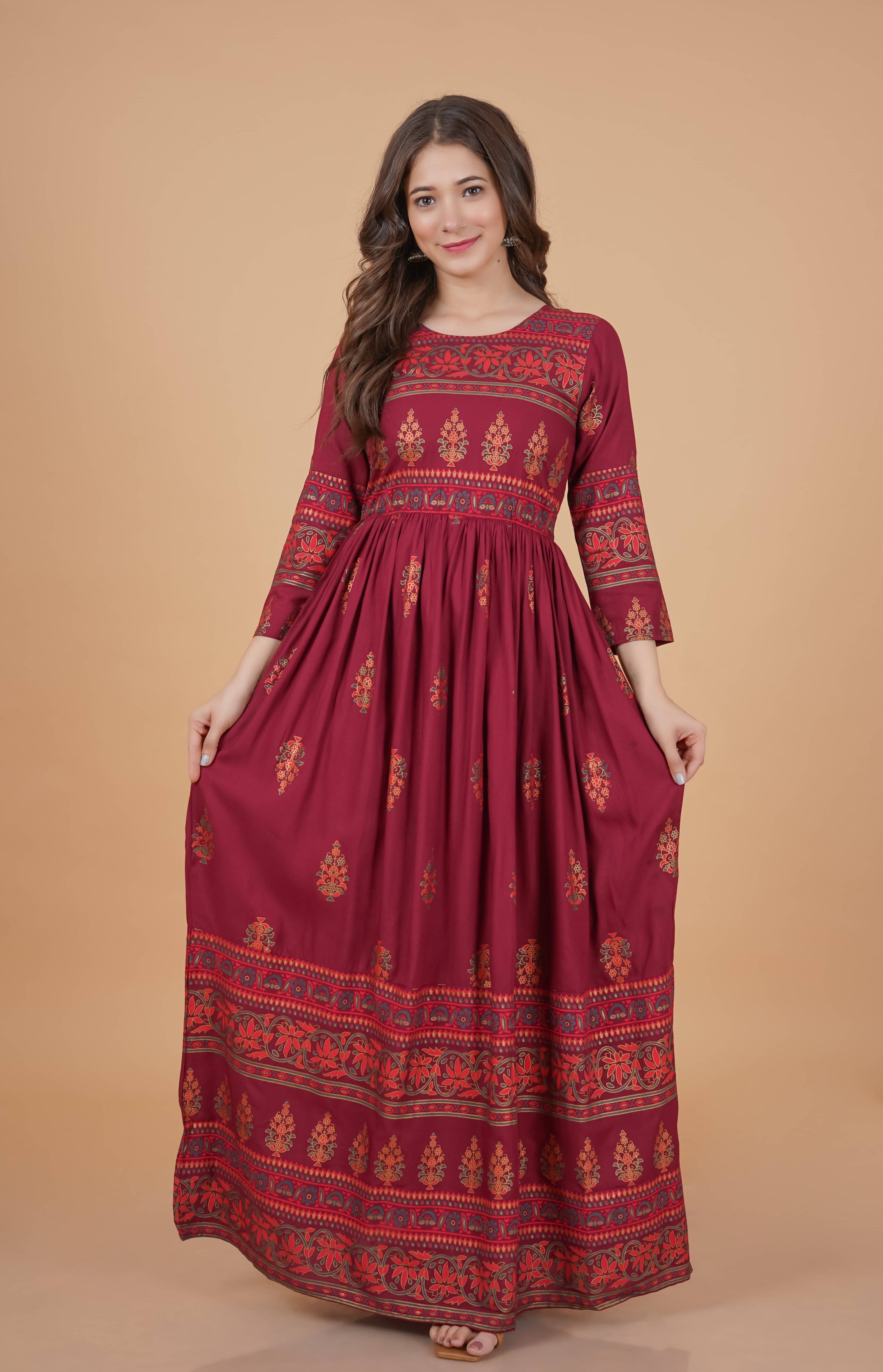     			Purshottam Wala Women Viscose Rayon Printed Gown ( Maroon )