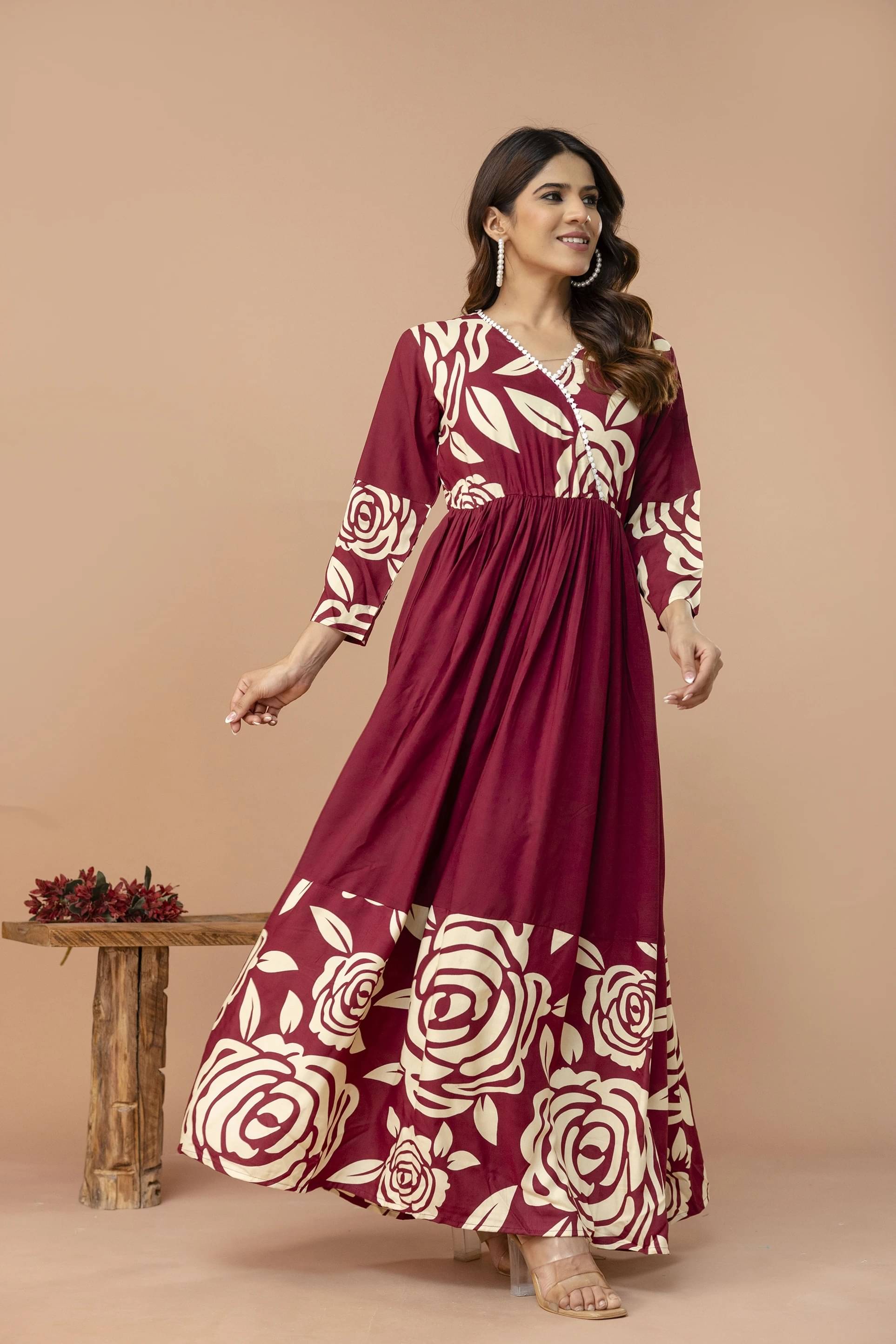     			Purshottam Wala Women Viscose Rayon Printed A-line Dress ( Maroon )