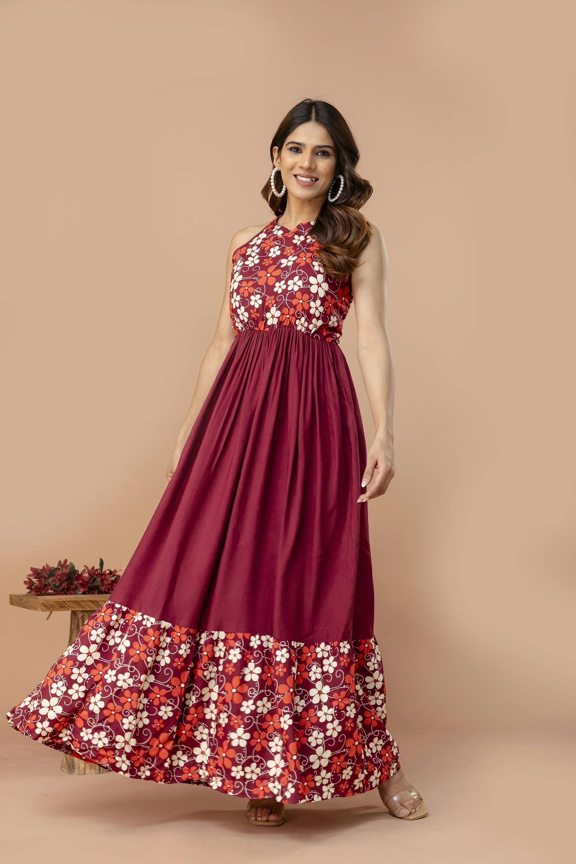 Purshottam Wala Women Viscose Rayon Printed A-line Dress ( Maroon )     			Purshottam Wala Women Viscose Rayon Printed A-line Dress ( Maroon )