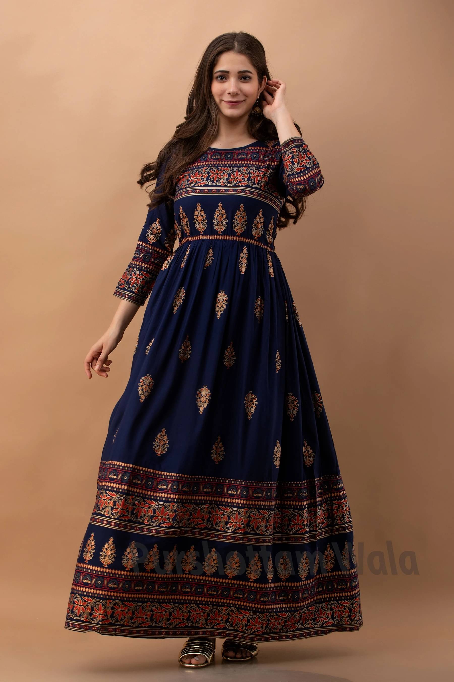 Purshottam Wala Women Viscose Rayon Printed A-line Dress ( Blue ) Purshottam Wala Women Viscose Rayon Printed A-line Dress ( Blue )